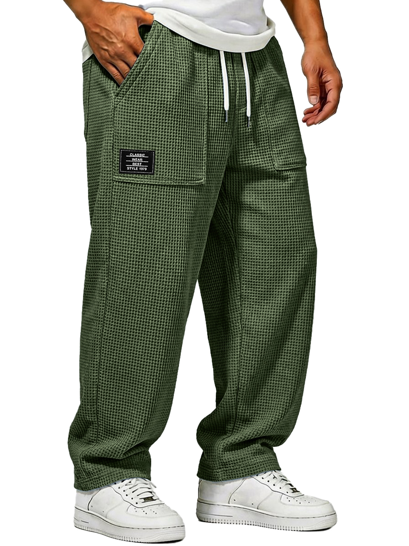 Herren Waffelstrick Freizeitlockere Hose mit aufgesetzten Taschen und gesticktem Logo-deurabatt