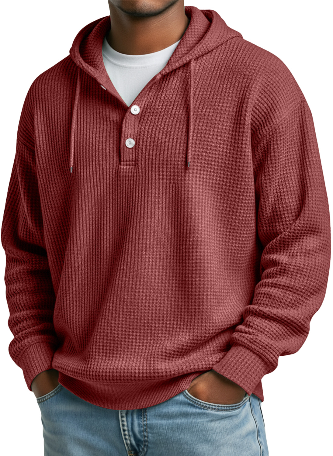Herren Waffel Freizeit Kapuzenknopf Lockere Sweatshirt-deurabatt