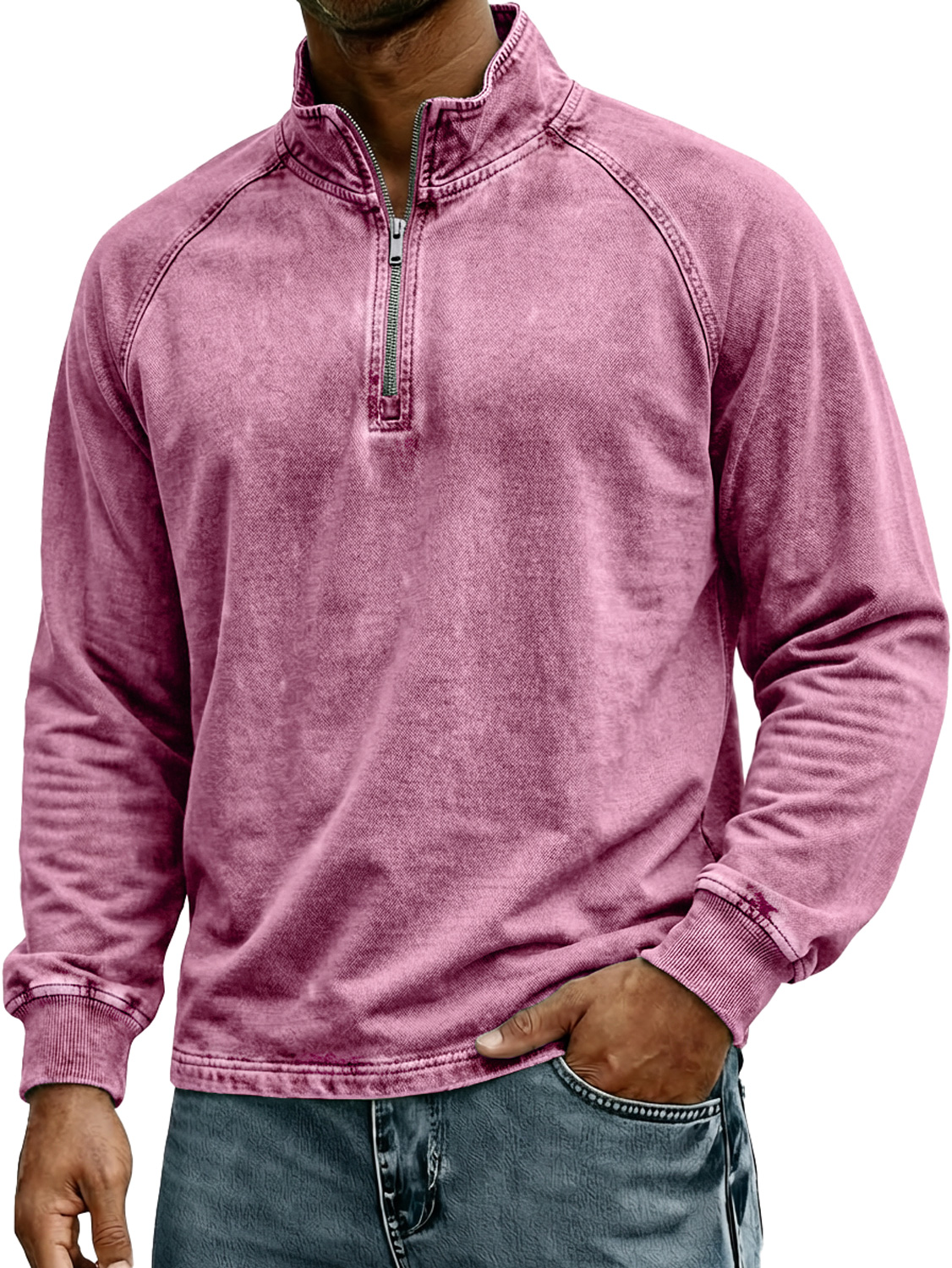 Herren Retro Stehkragen Reißverschluss Raglan Design Freizeit Langarm T-Shirt-deurabatt