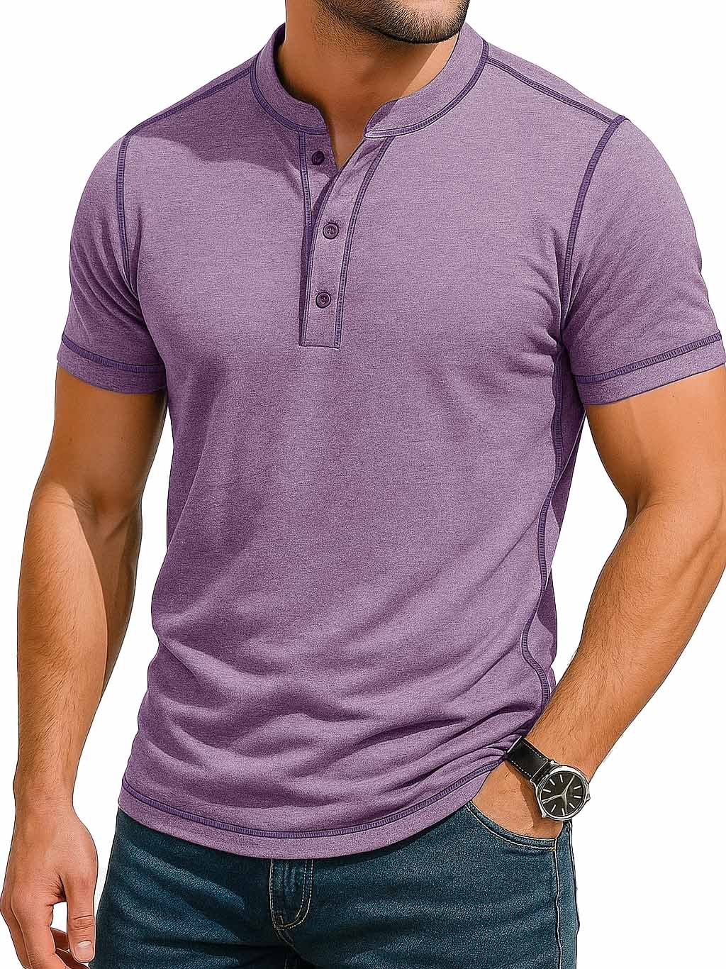 Herrenmode Retro Kontrastfarbe Linie Kurzarm Henley Shirt-deurabatt