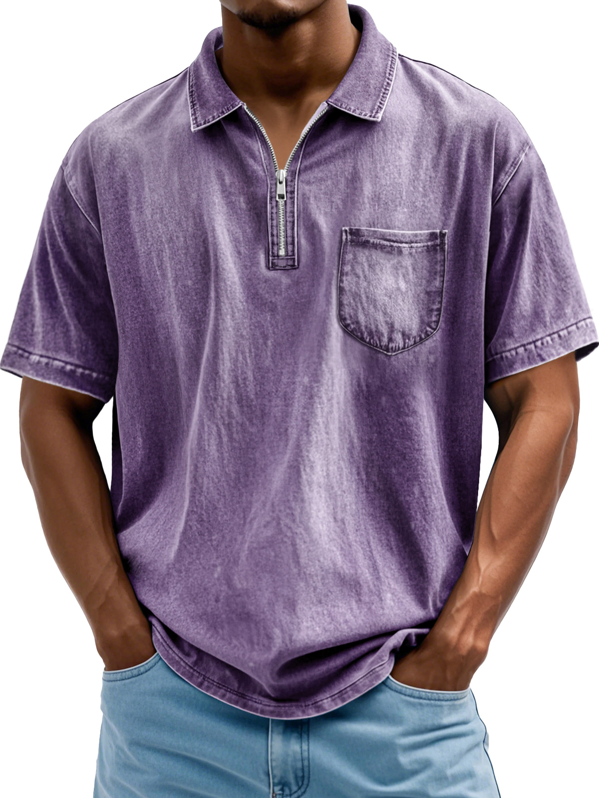 Herrenmode Retro Revers Reißverschluss Freizeit Kurzarm POLO Hemd-deurabatt