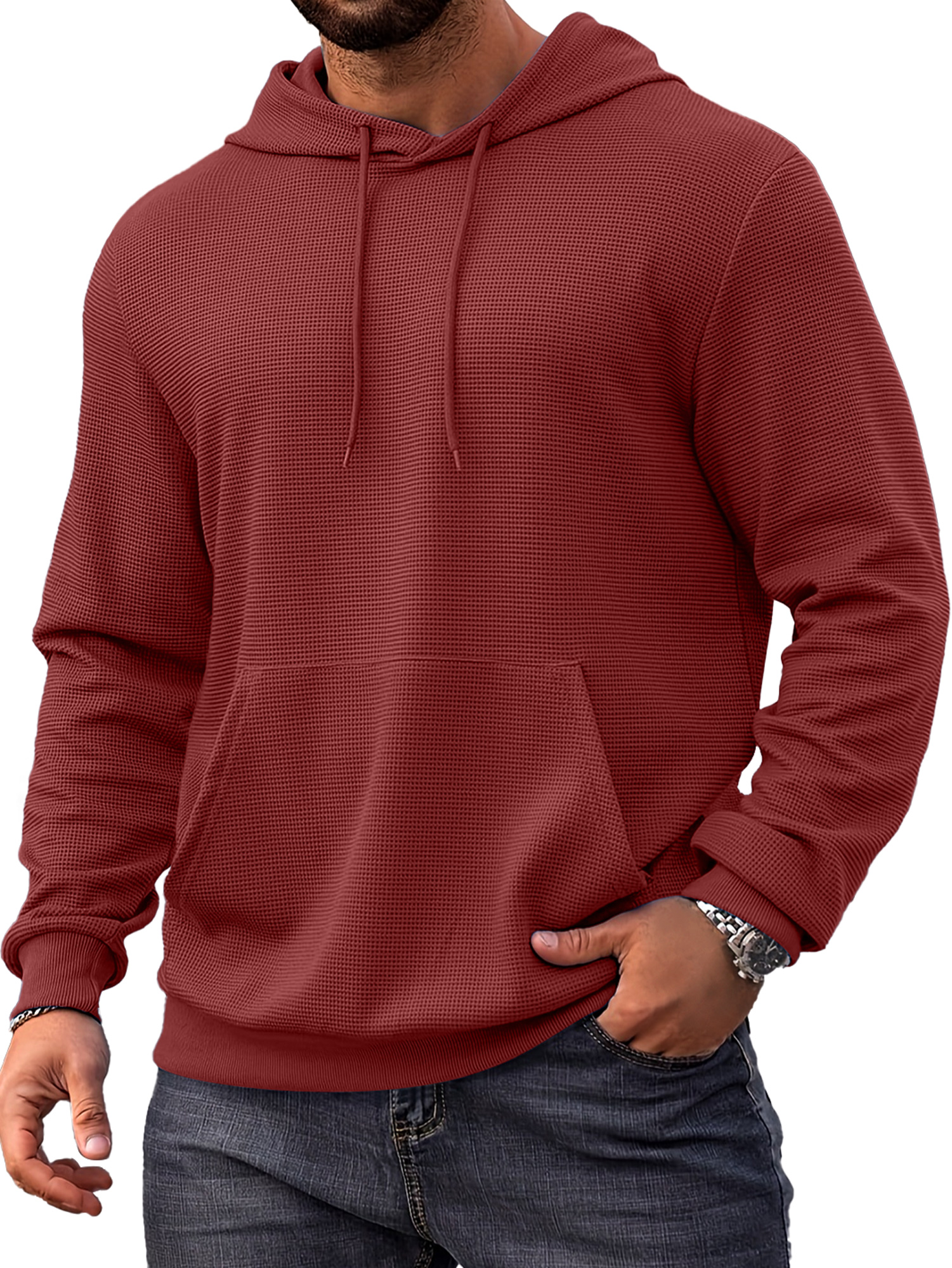 Herren Alltags Einfach Waffel Bequem Langarm Kapuzenpullover-deurabatt