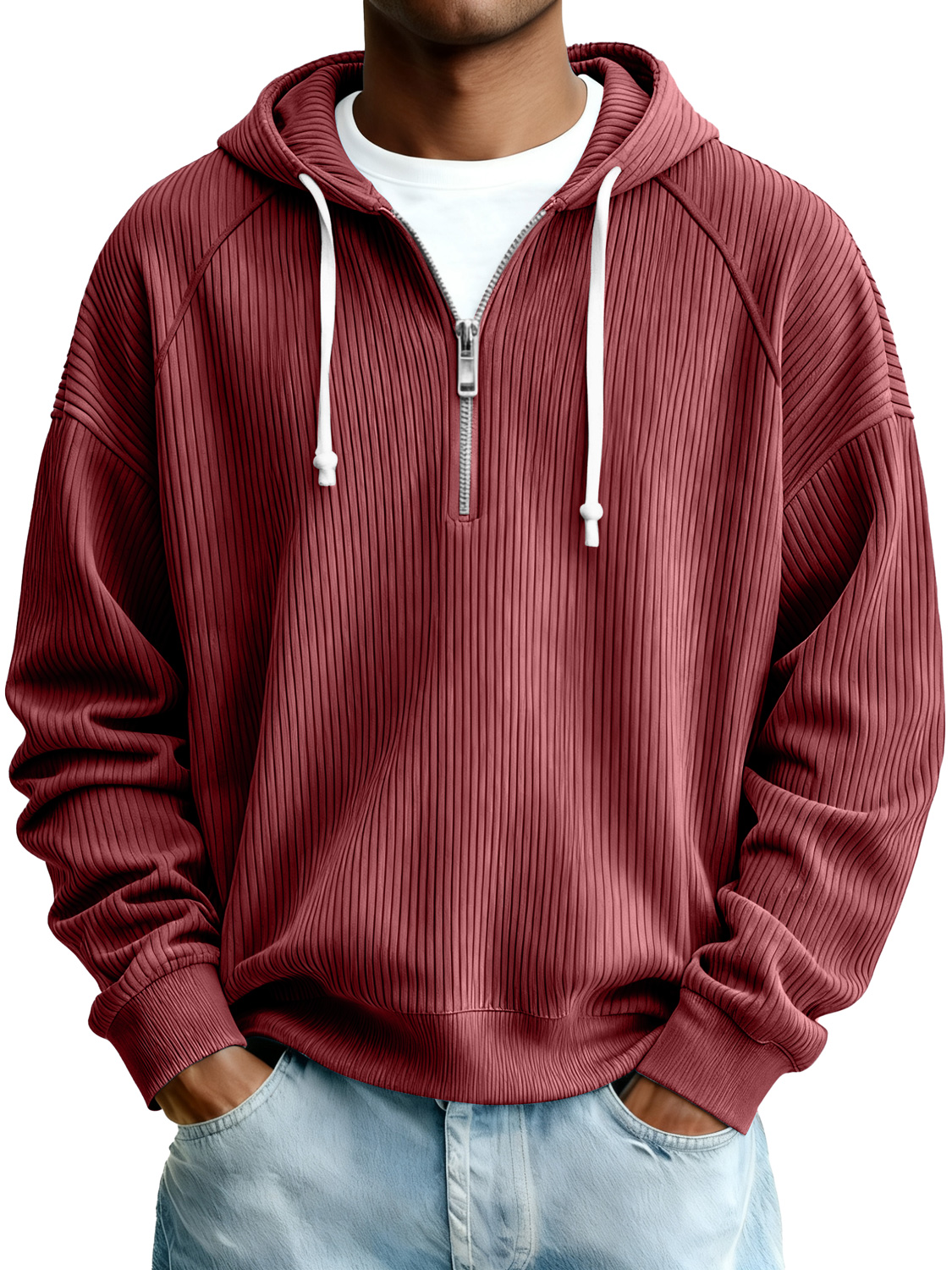 Herren Einfaches Rippstrick Reißverschluss Kapuzen Sweatshirt-deurabatt