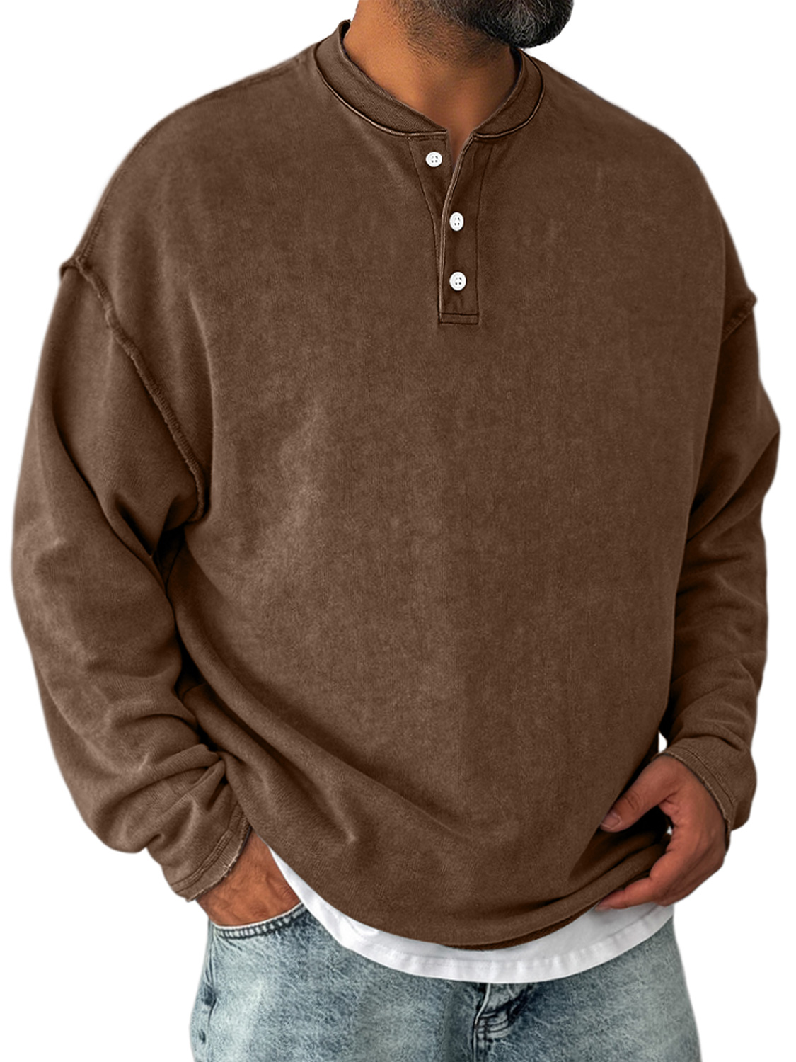 Herren Retro Freizeit Stehkragen Knopf-Down Langarm Henley Shirt-deurabatt