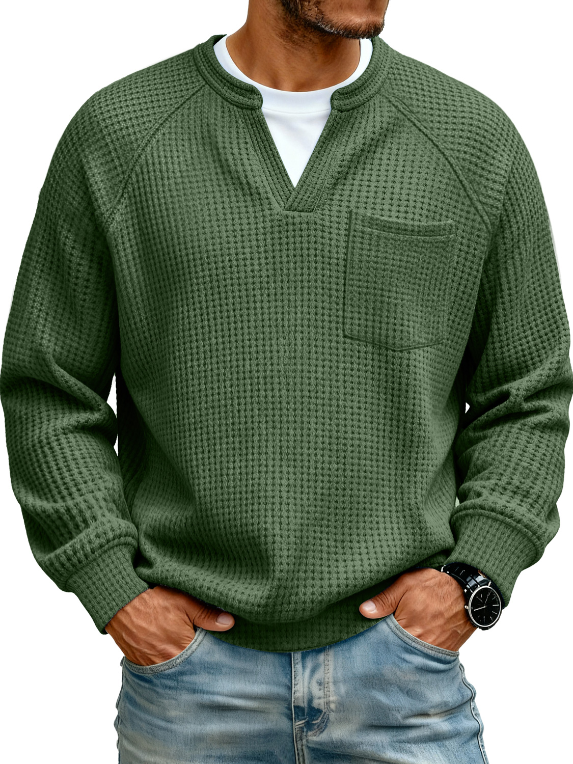 Herren Raglan Waffelstrick Faux Zwei-Teile Freizeit Tasche Langarm T-Shirt-deurabatt