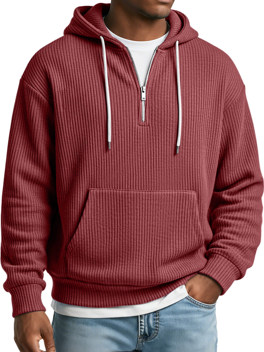 Herren Einfaches Geripptes Texturiertes Kapuzen-Sweatshirt mit Reißverschluss in Lässiger Lockere Passform-ZierMode