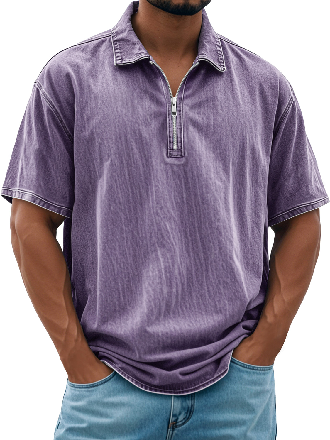 Herren Retro Daily Revers Reißverschluss Freizeit Kurzarm POLO Shirt-deurabatt