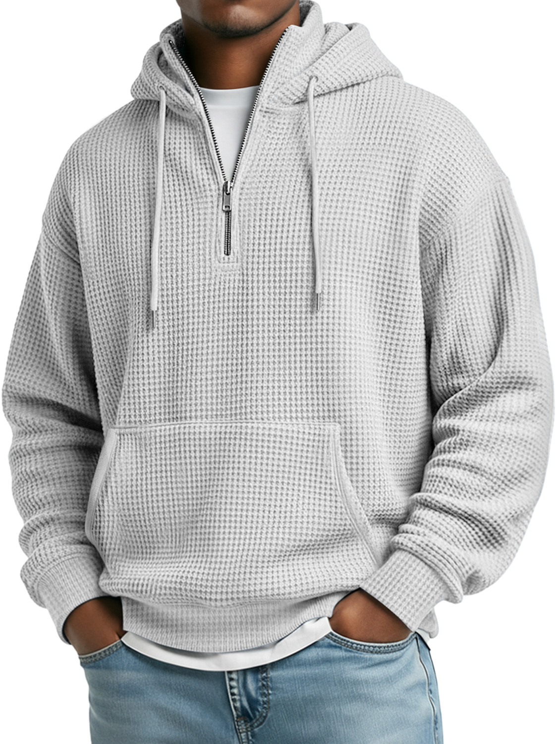 Herren Daily Waffle Stehkragen Reißverschluss Lässiger Lockere Kapuzenpullover-deurabatt