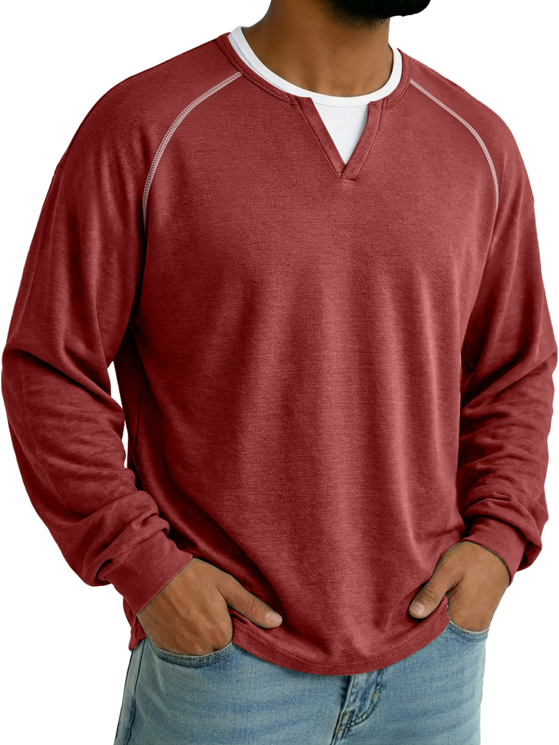 Herren Faux Zweiteilig Doppel-Lagen Kragen Raglan Ärmel Lässiges Langarm T-Shirt-deurabatt