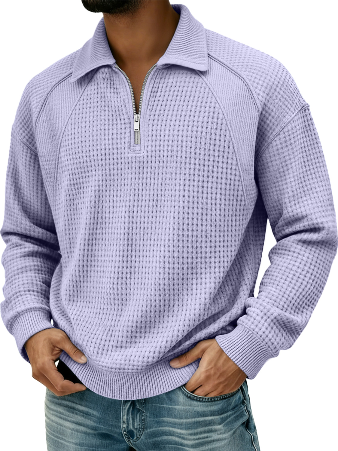 Herren Waffel Revers Reißverschluss Design Split Naht Polo Shirt-deurabatt