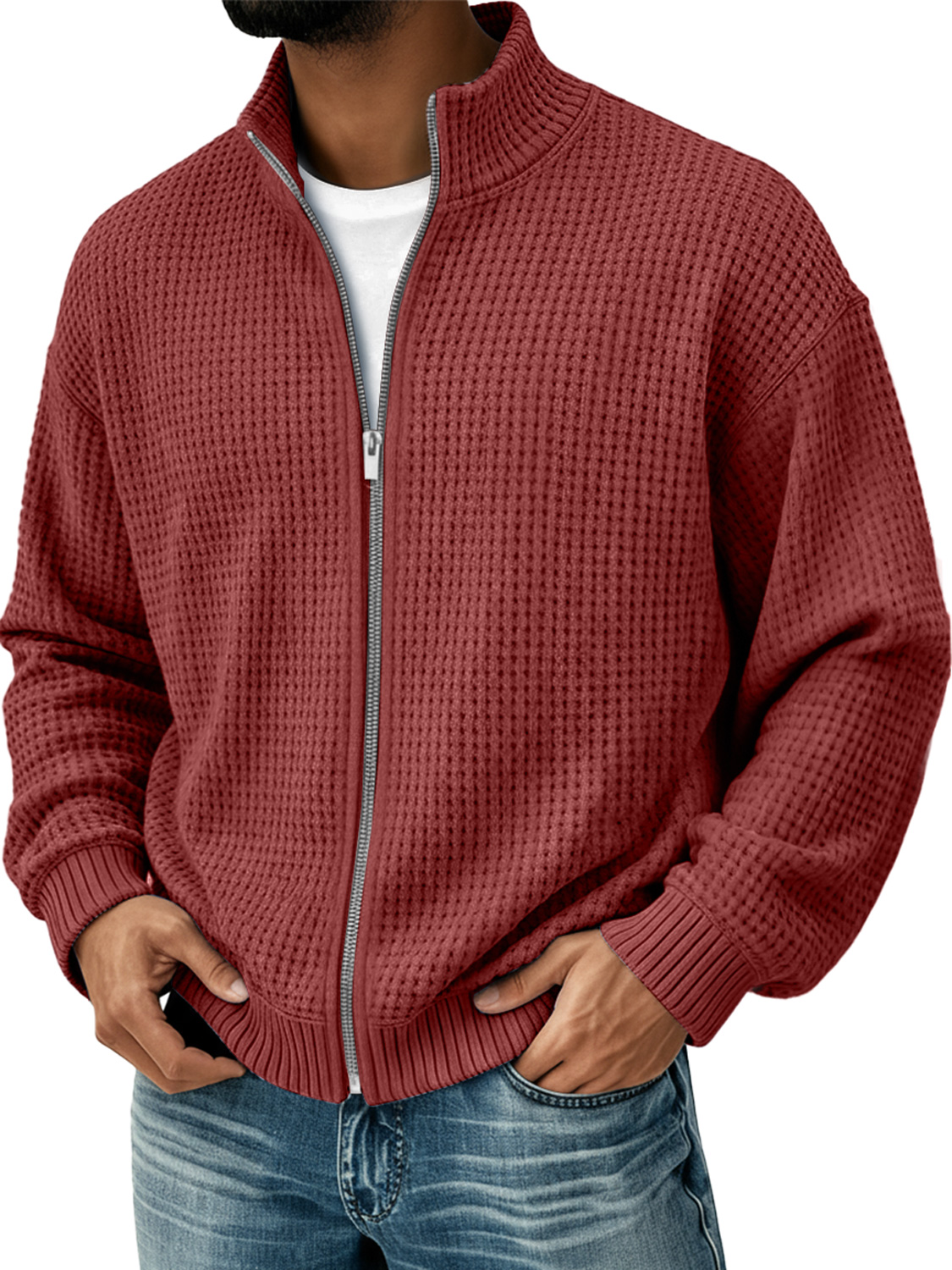 Herren Einfacher Stehkragen Waffel Freizeit Zip-Up Jacke-deurabatt