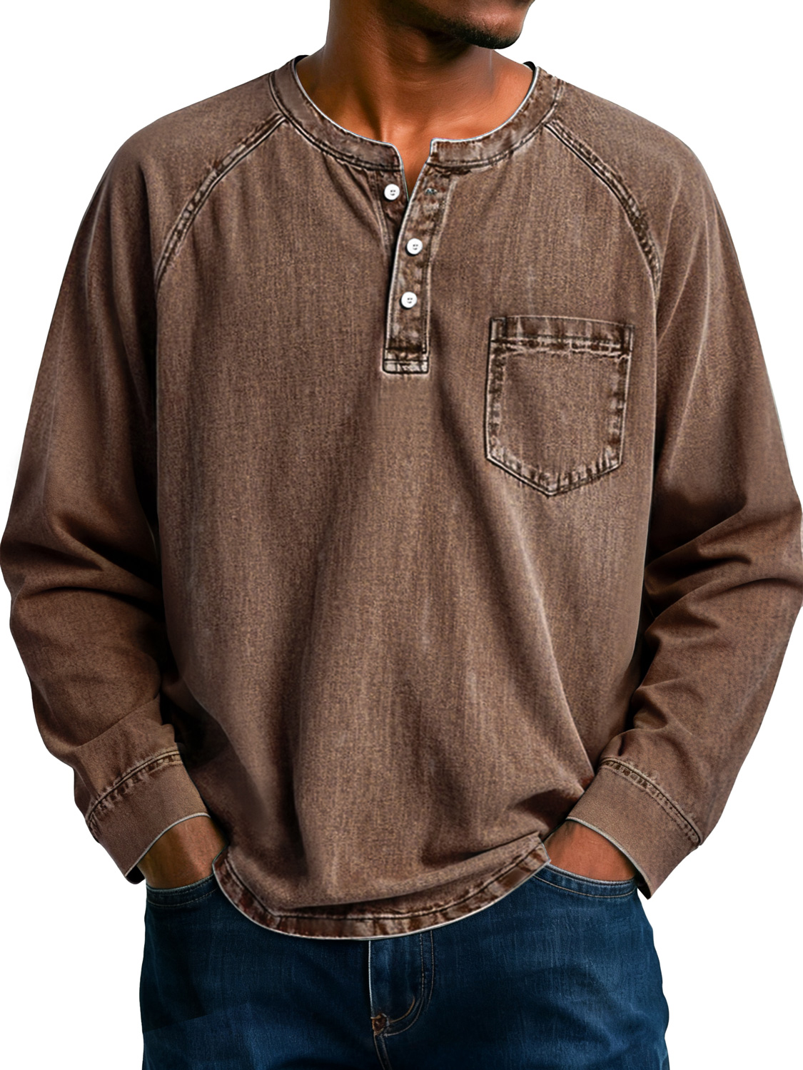 Herren Retro Raglan Tasche Lässiges Langarm-Henley-Shirt-deurabatt