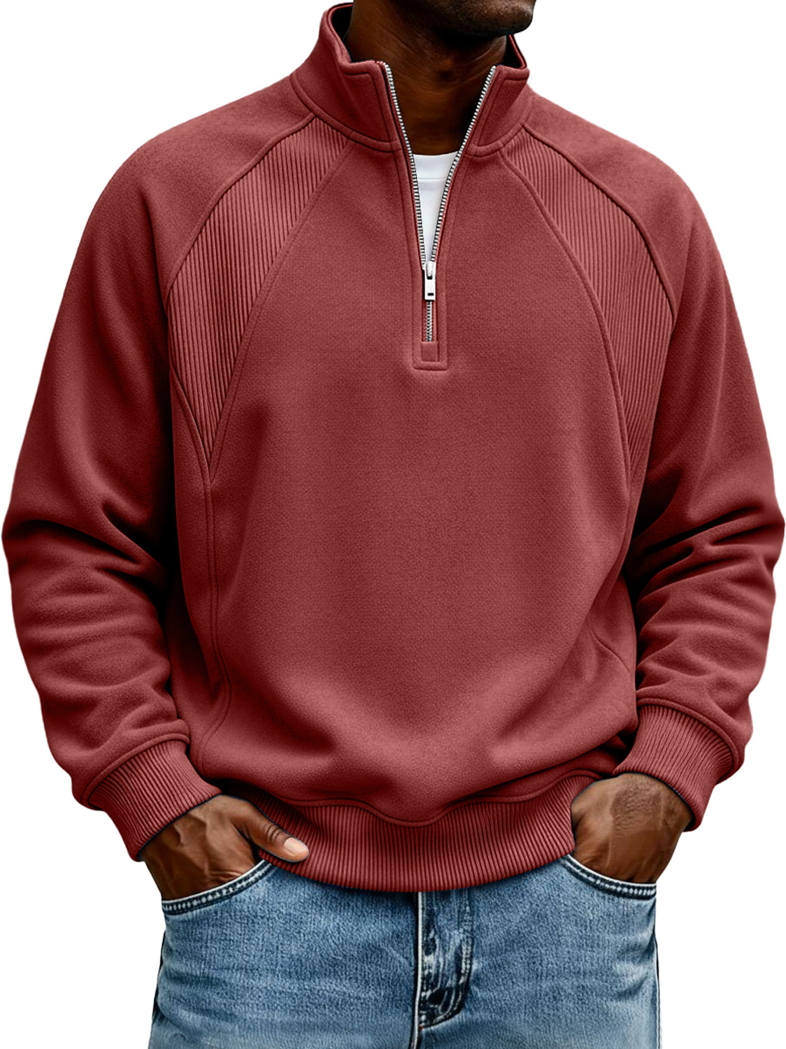 Herren-Sweatshirt mit Stehkragen und Reißverschluss, Raglanärmel-deurabatt