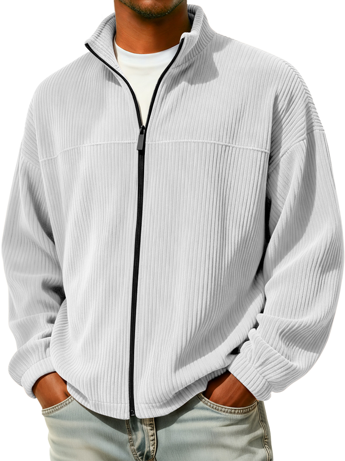Herren einfache Stehkragen Reißverschluss Cord-Jacke casual-deurabatt