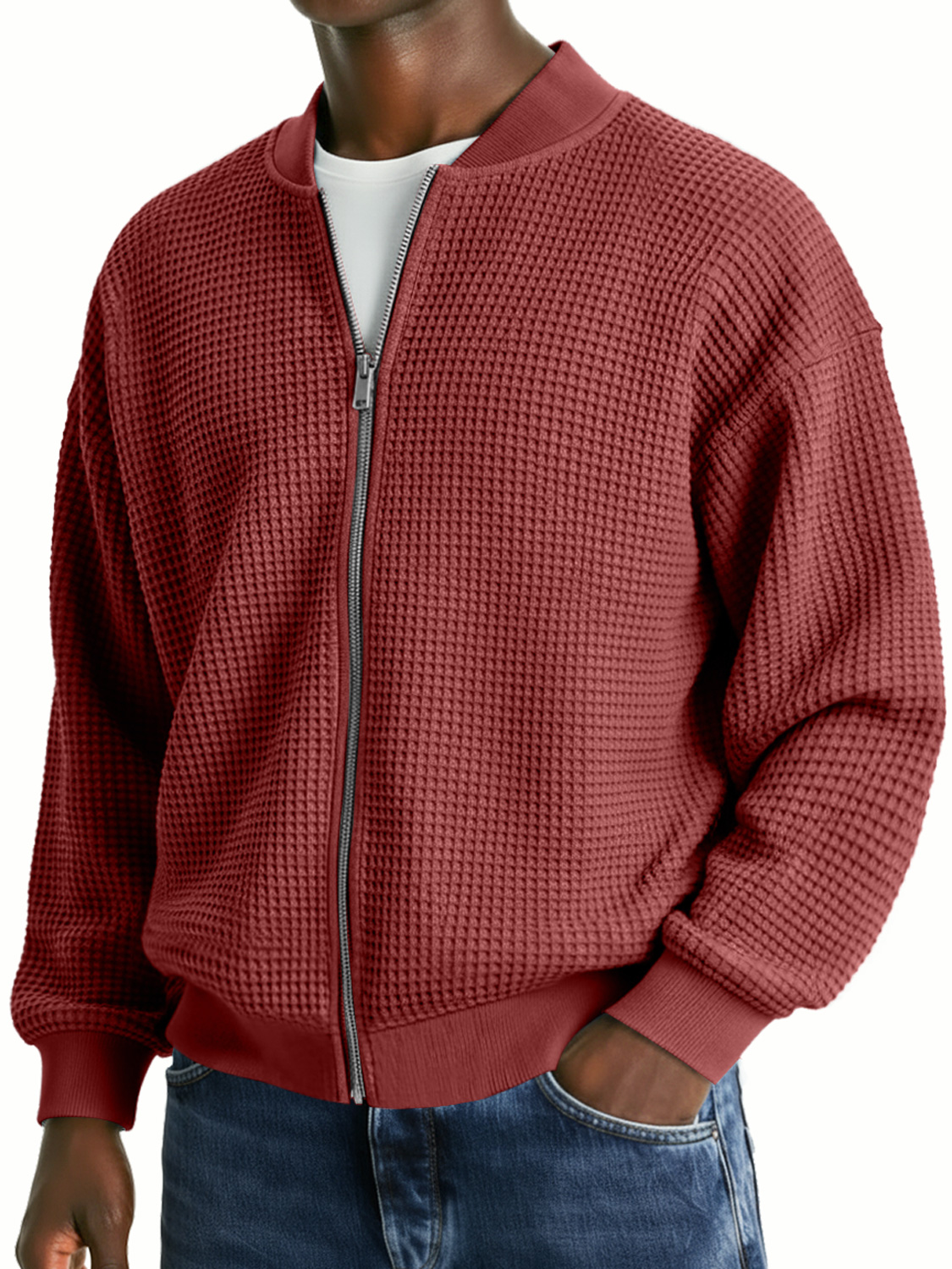 Herren-Waffelstrickjacke, lässig, locker, mit Reißverschluss-deurabatt
