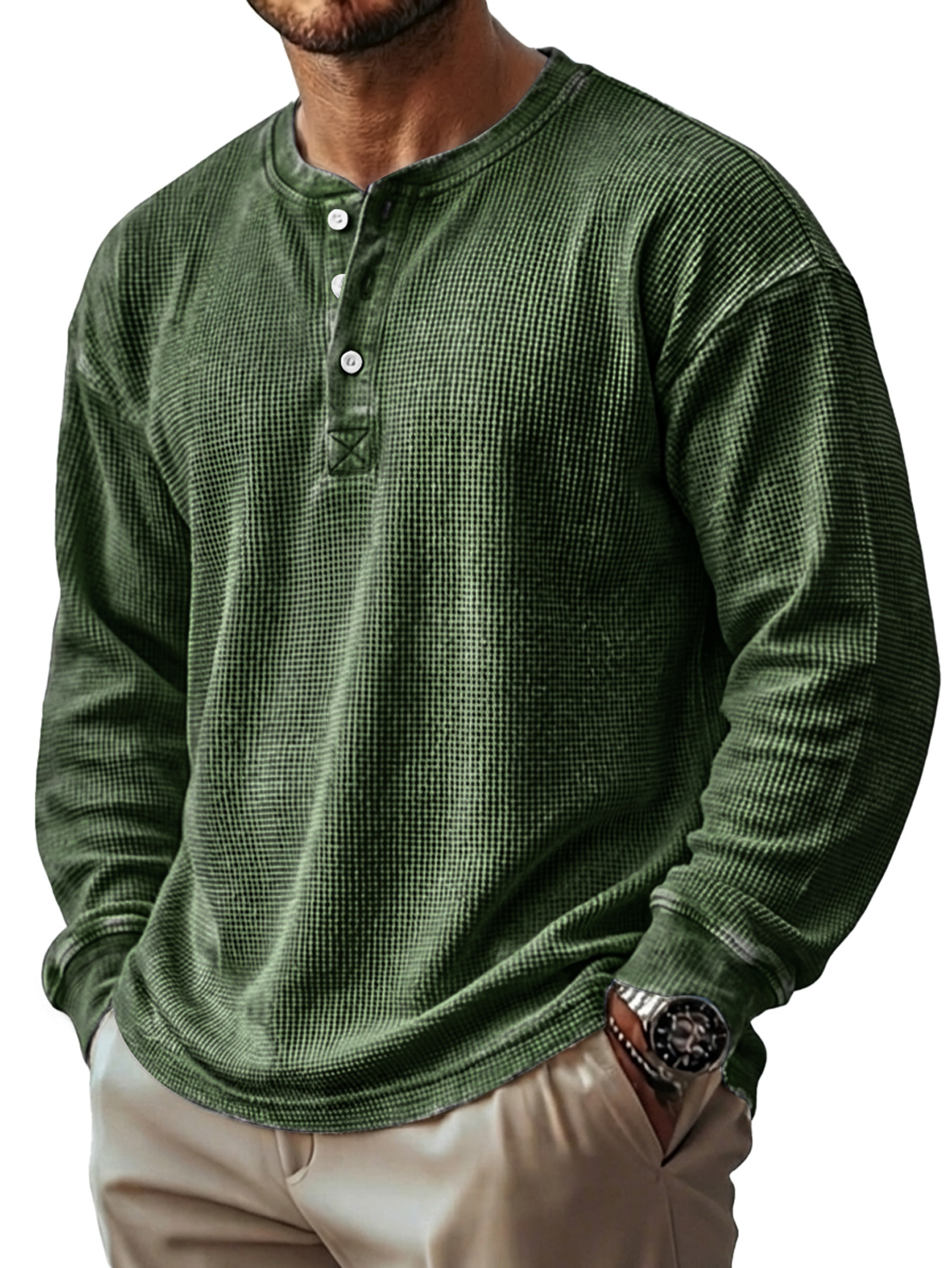 Herren Vintage Waffelstrick Langarm-Henley-Shirt-deurabatt