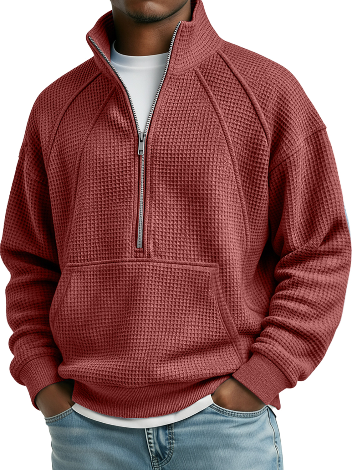 Herren Waffel Stehkragen Reißverschluss Raglan Freizeit Tasche Sweatshirt-deurabatt