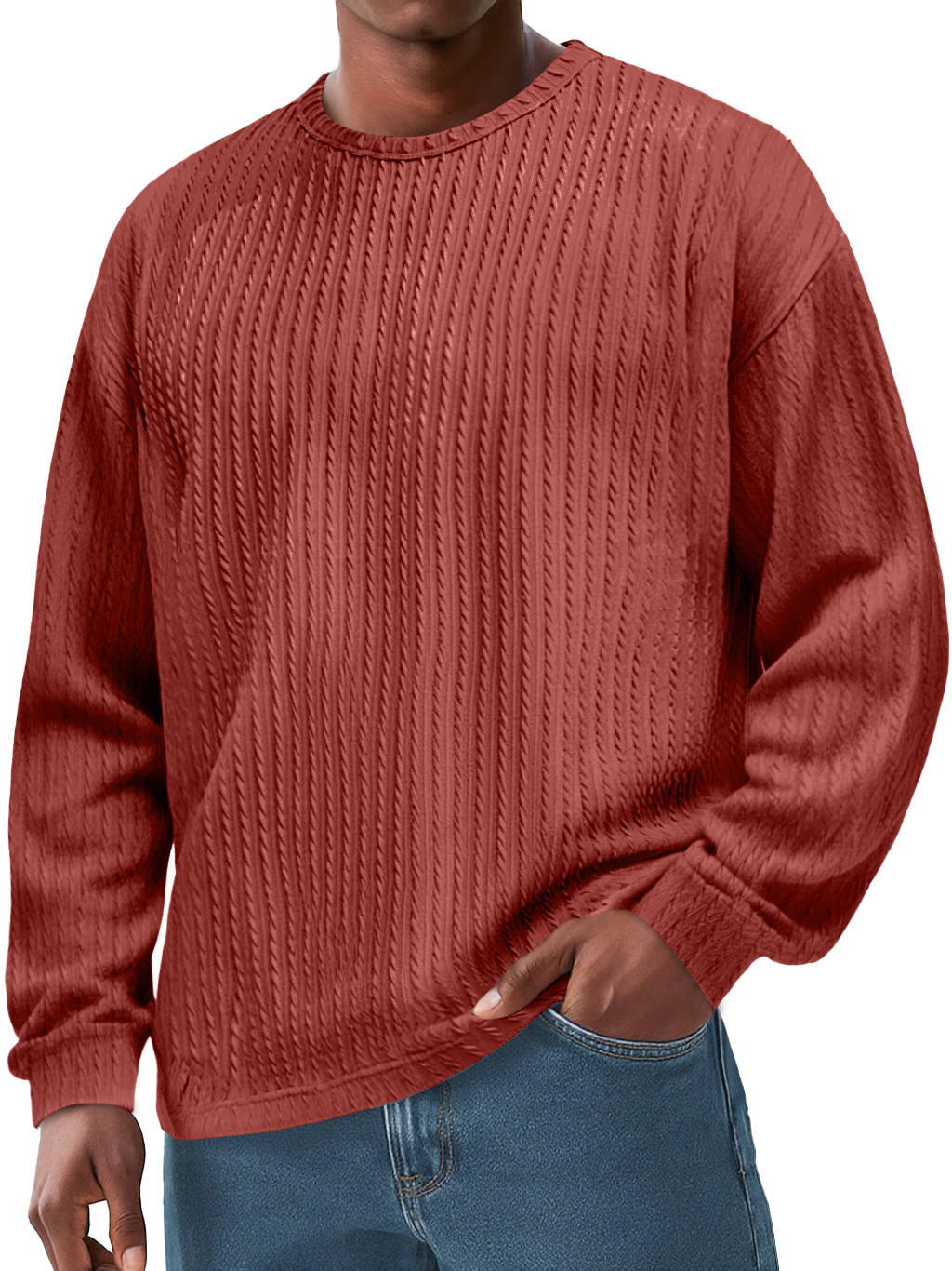 Herren Daily Rundhals Jacquard Struktur Freizeit Einfarbig Langarm T-Shirt-deurabatt