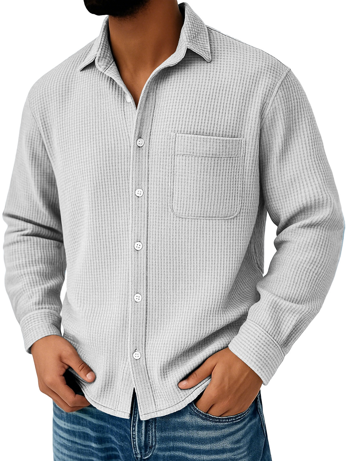 Herren Alltags Waffel Freizeit Tasche Komfort Langarmshirt-deurabatt