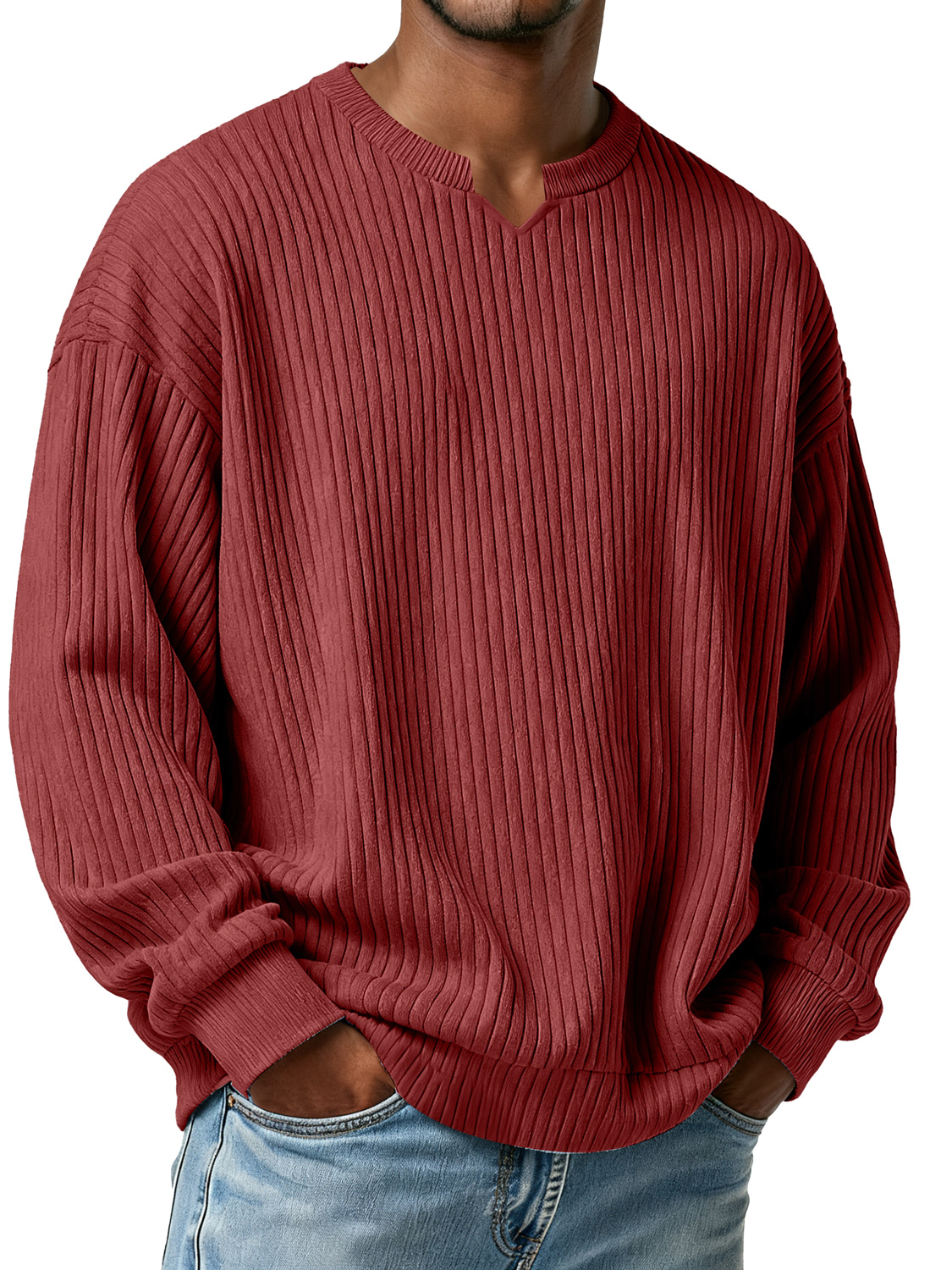 Herren Einfach Vertikal Gerippter Kleiner V-Ausschnitt Lässiges Lockere Langarm-T-Shirt-deurabatt