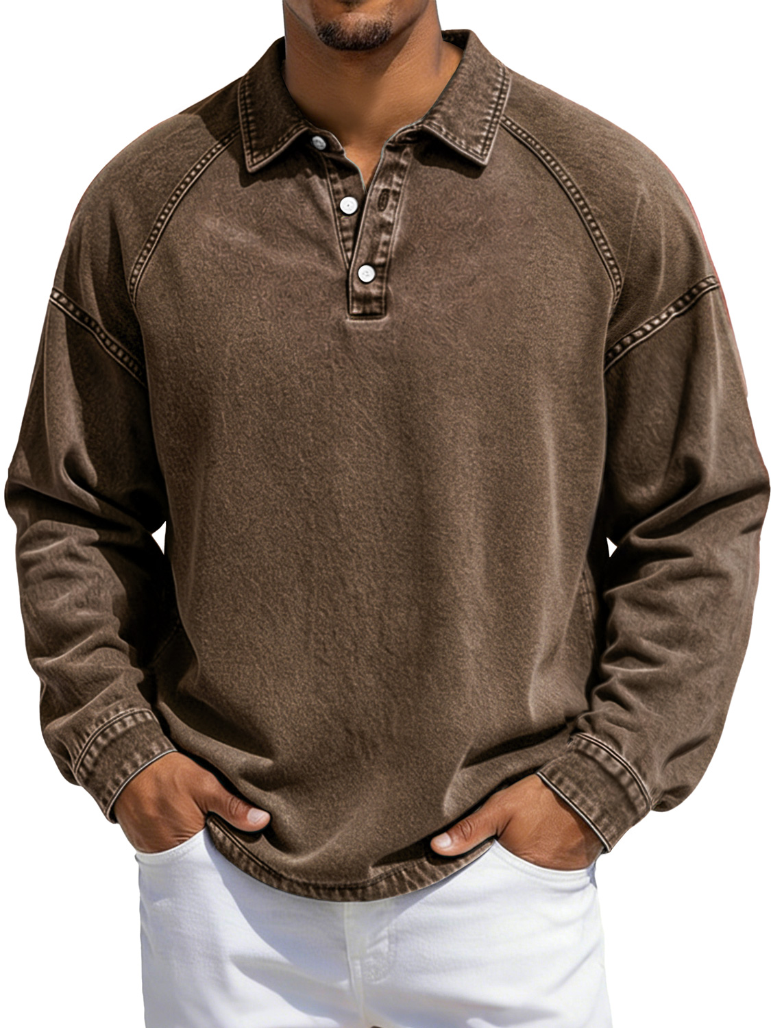Herren Vintage-Stil Revers Knopf-auf Raglan Ärmel Freizeit Langarm Polo-Shirt-deurabatt