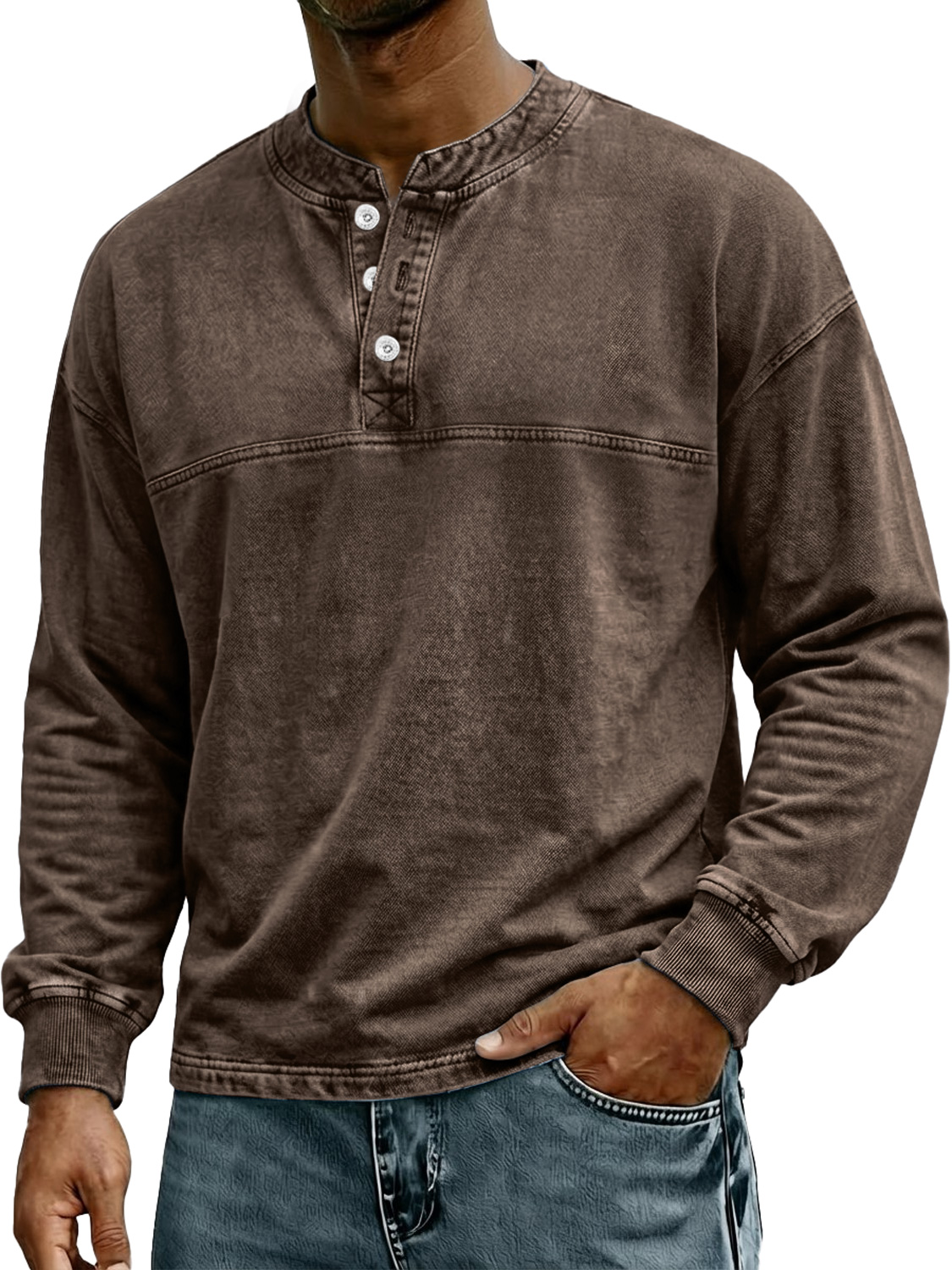 Herren Retro-Stil Stehkragen Knopf Freizeit Langarm Henley Hemd-deurabatt