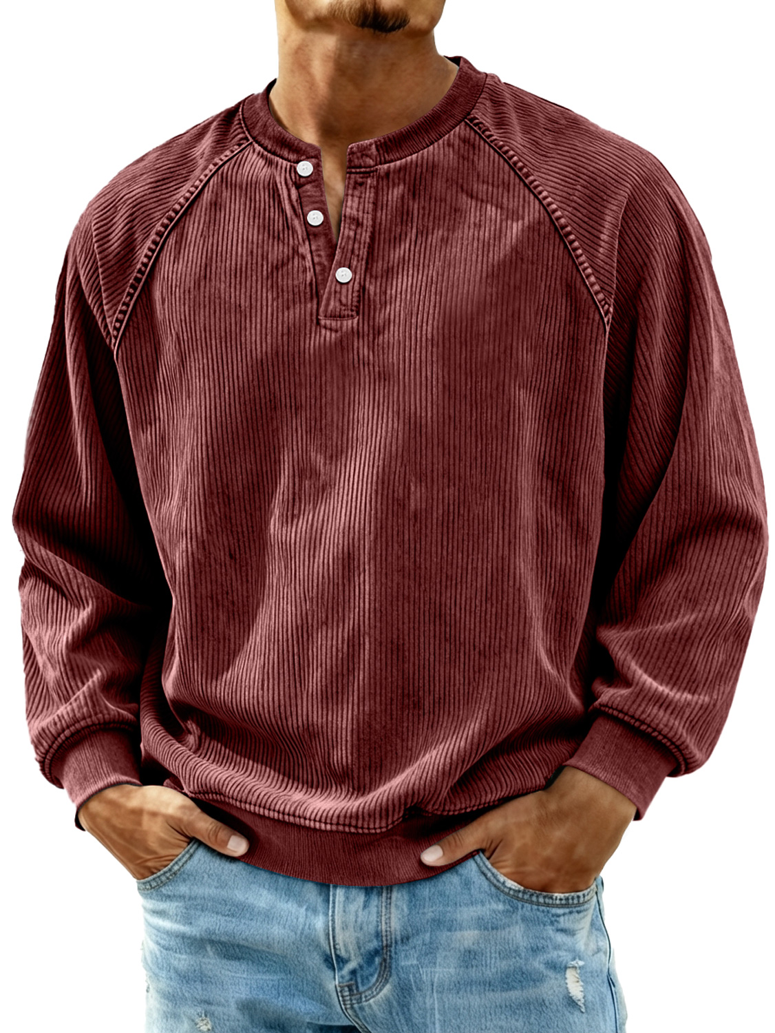 Herren Retro Corduroy Raglan Freizeit Langarm Henley Shirt-deurabatt