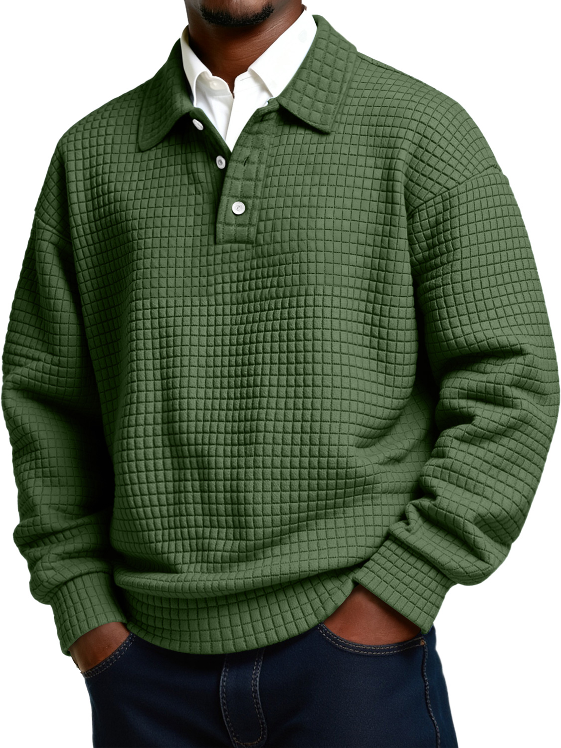 Herren Daily Small Plaid Revers Knopf Lässiges Langarm Polohemd-deurabatt