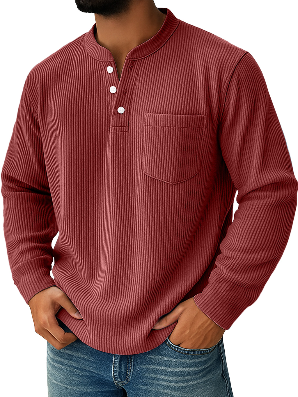 Herren Einfaches Alltags-Ripp-Stehkragen-Taschen-Lässiges Langarm-Henley-Shirt-deurabatt