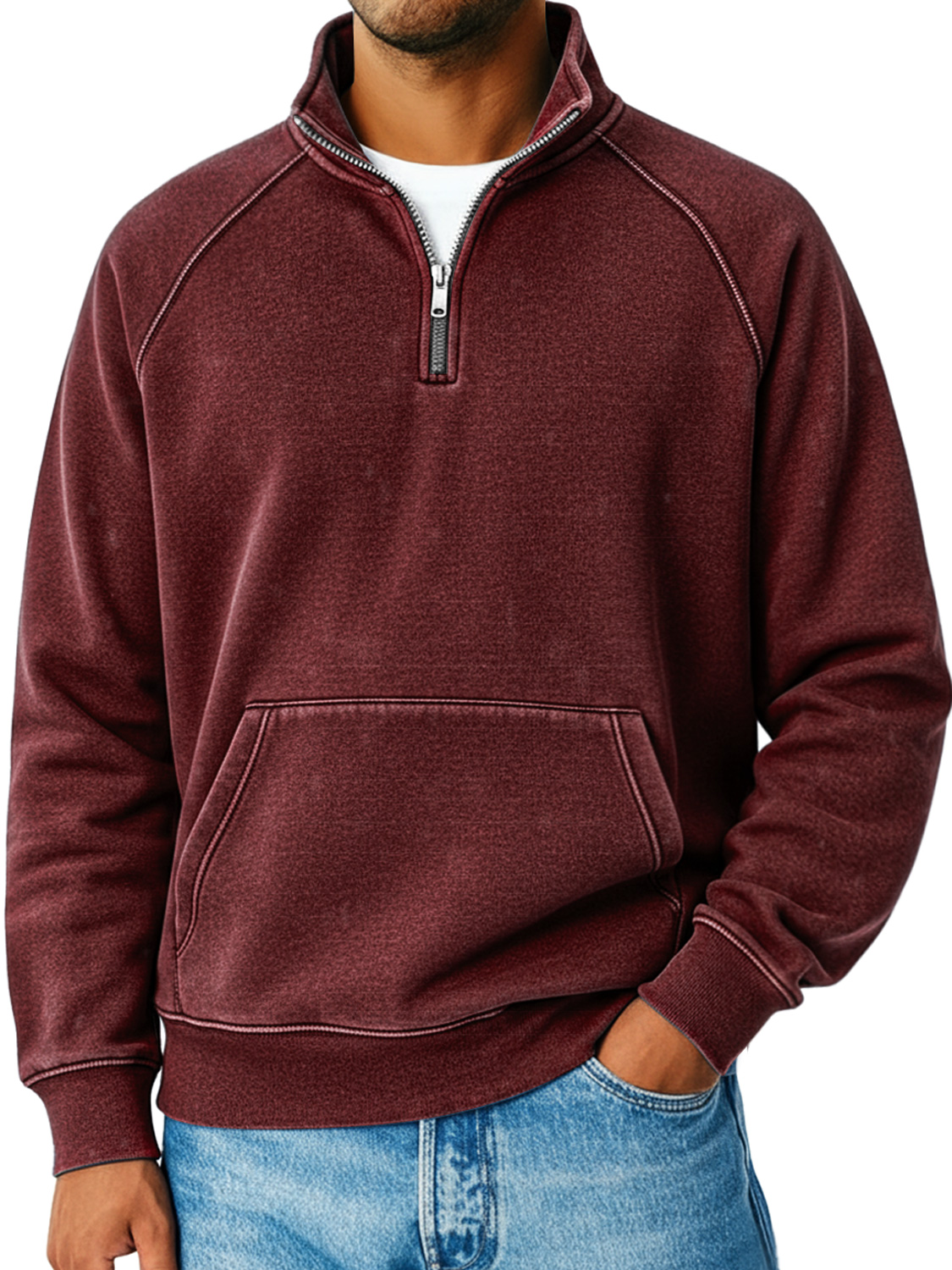 Herren Retro Raglanärmel Stehkragen Reißverschluss Lockere Freizeit Sweatshirt-deurabatt