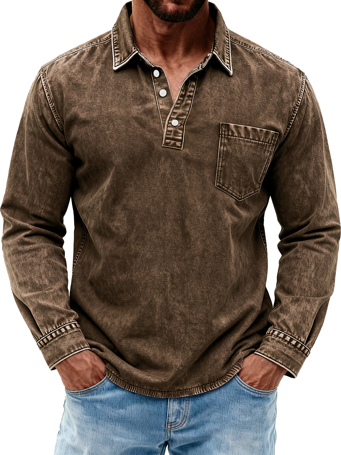 Herren Retro Gewaschen Freizeit Polohemd mit Umlegekragen und Knöpfen-deurabatt