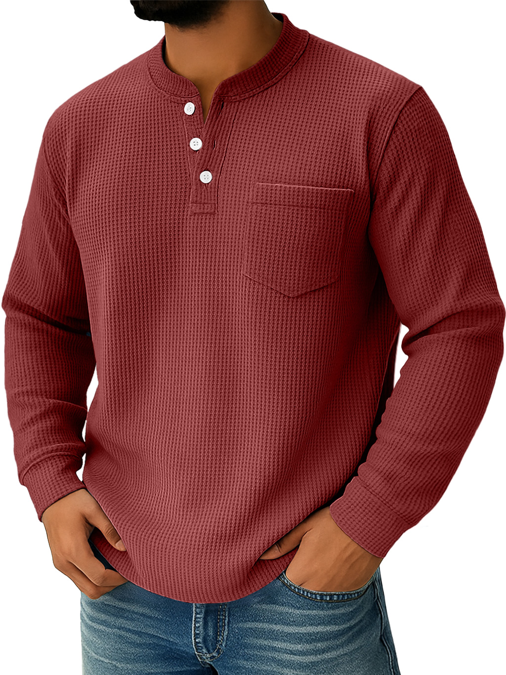 Herren Alltags Waffelkragen Button-Down Freizeit Langarm Henley-deurabatt
