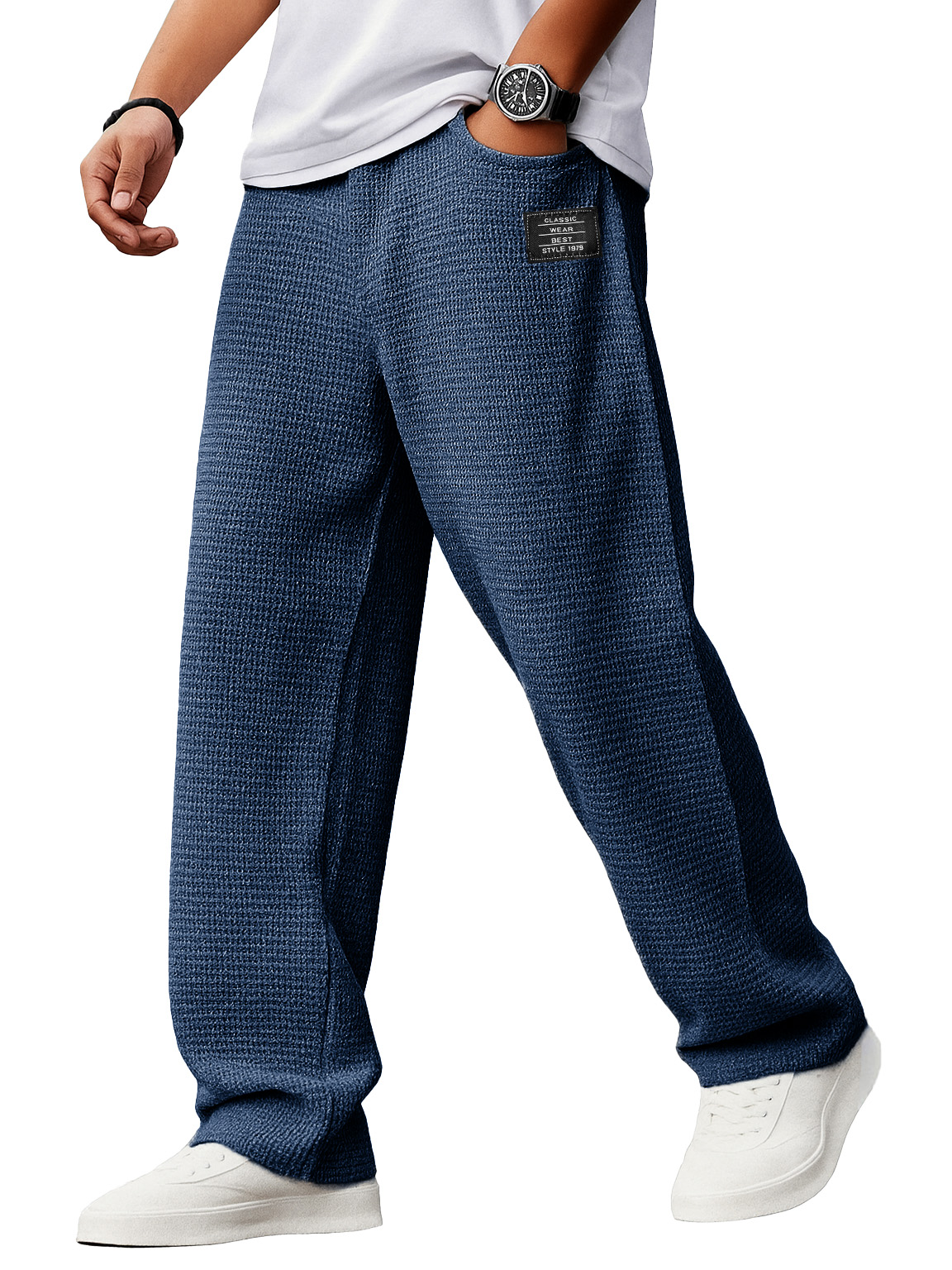 Herren Stylische Alltags-Waffelstoff-Hosen mit lockerer Passform, Kordelzugbund und gesticktem Logo-ZierMode