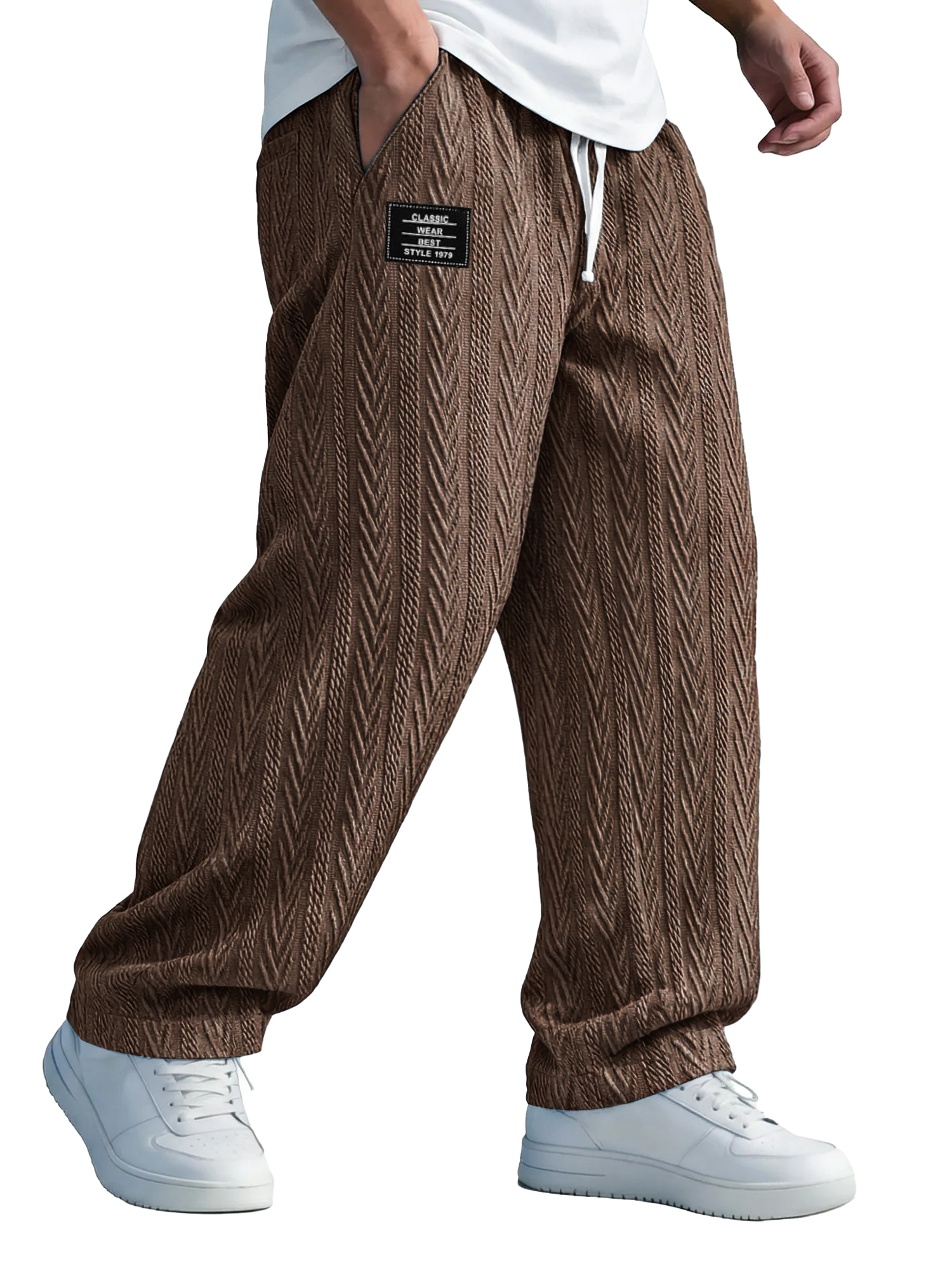Herren einfarbige Jacquard-Textur Freizeit-Hosen mit elastischem Bund und gesticktem Logo.-deurabatt