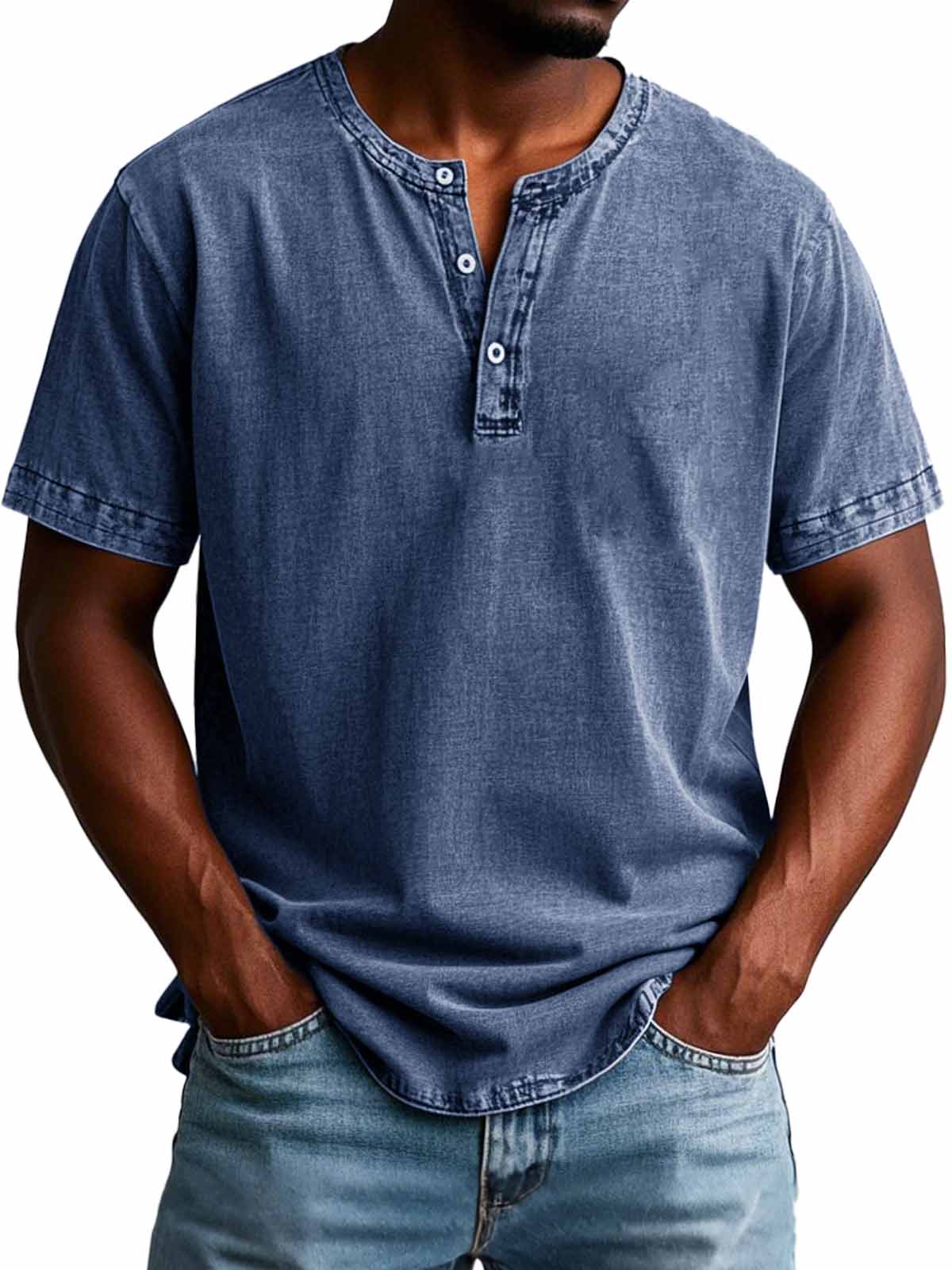 Herrenmode Vintage Verwaschenes Kurzarm-Henley-Shirt-deurabatt