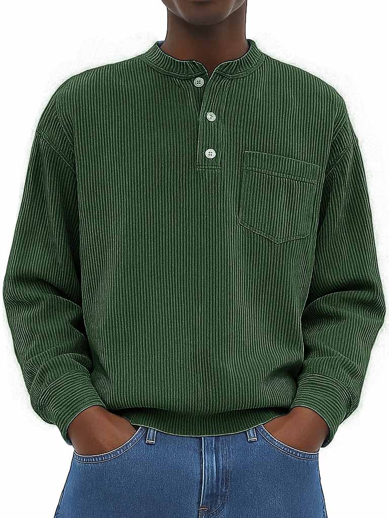 Herrenmode Freizeit Ribstoff Stehkragen Langarm Henley-Shirt-deurabatt