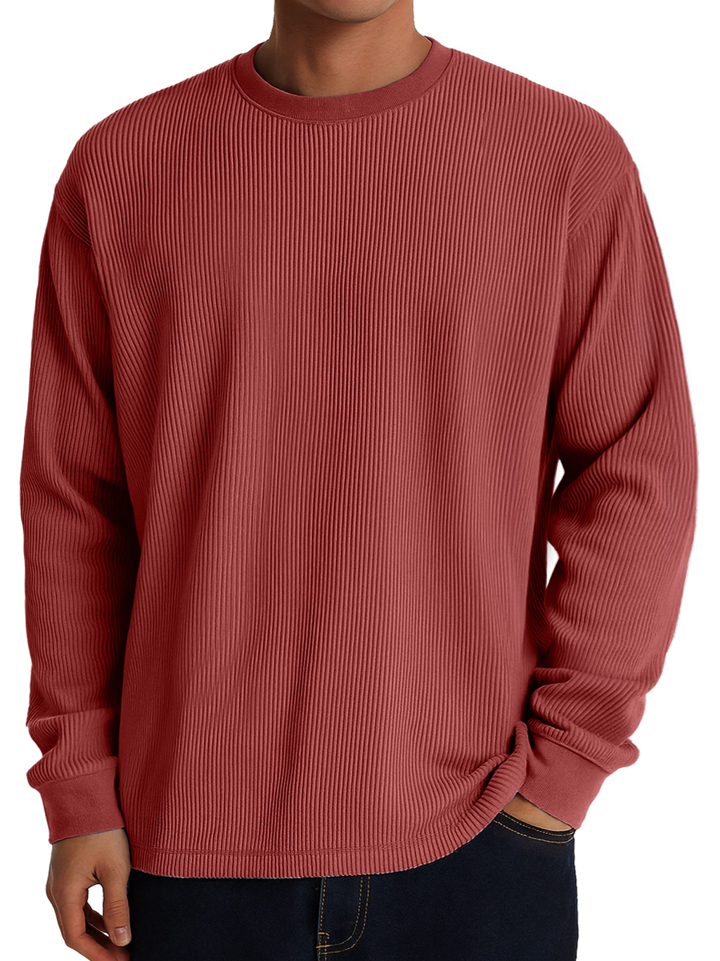 Herren Freizeit Rundhals Ripp Komfortabel Langarm T-Shirt-deurabatt