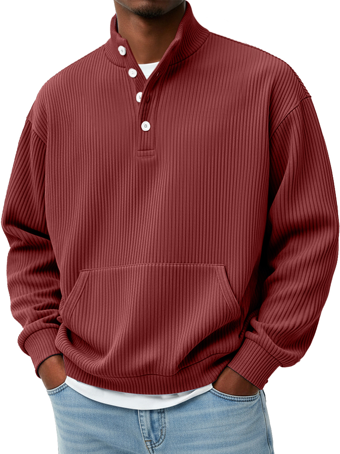 Herren Einfaches Rippkragen Knopf Freizeit Lockeres Sweatshirt-deurabatt