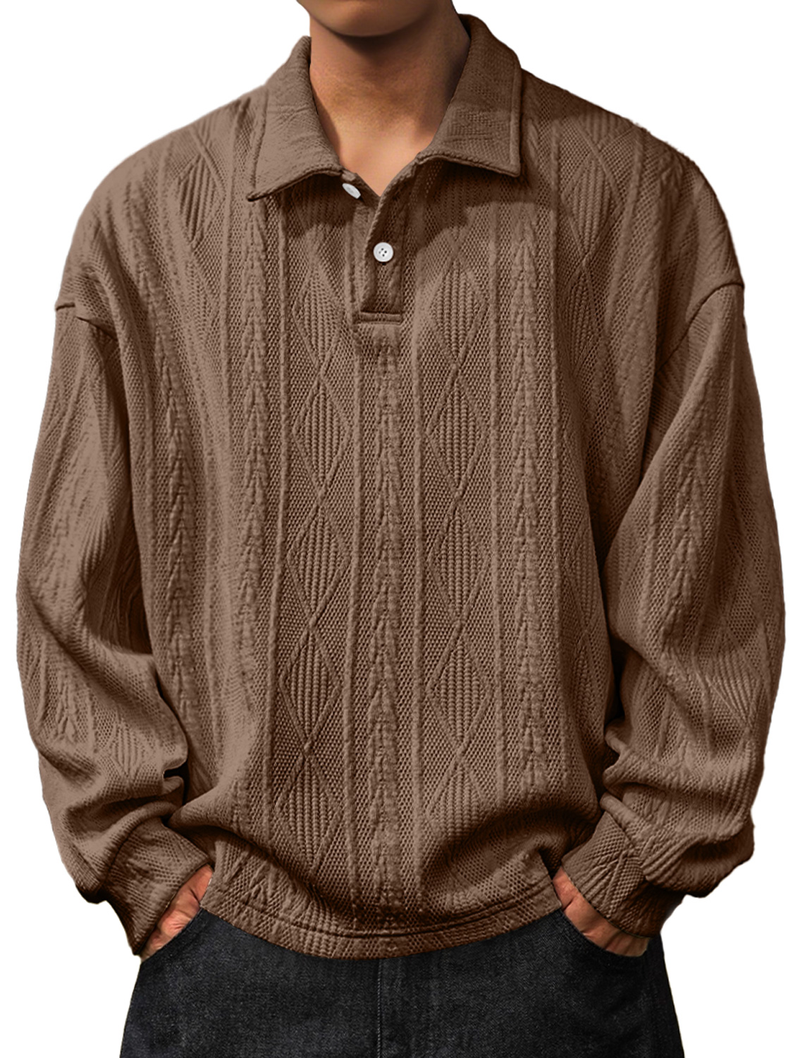 Herren Daily Jacquard Struktur Revers Knopf Langarm Polohemd-deurabatt