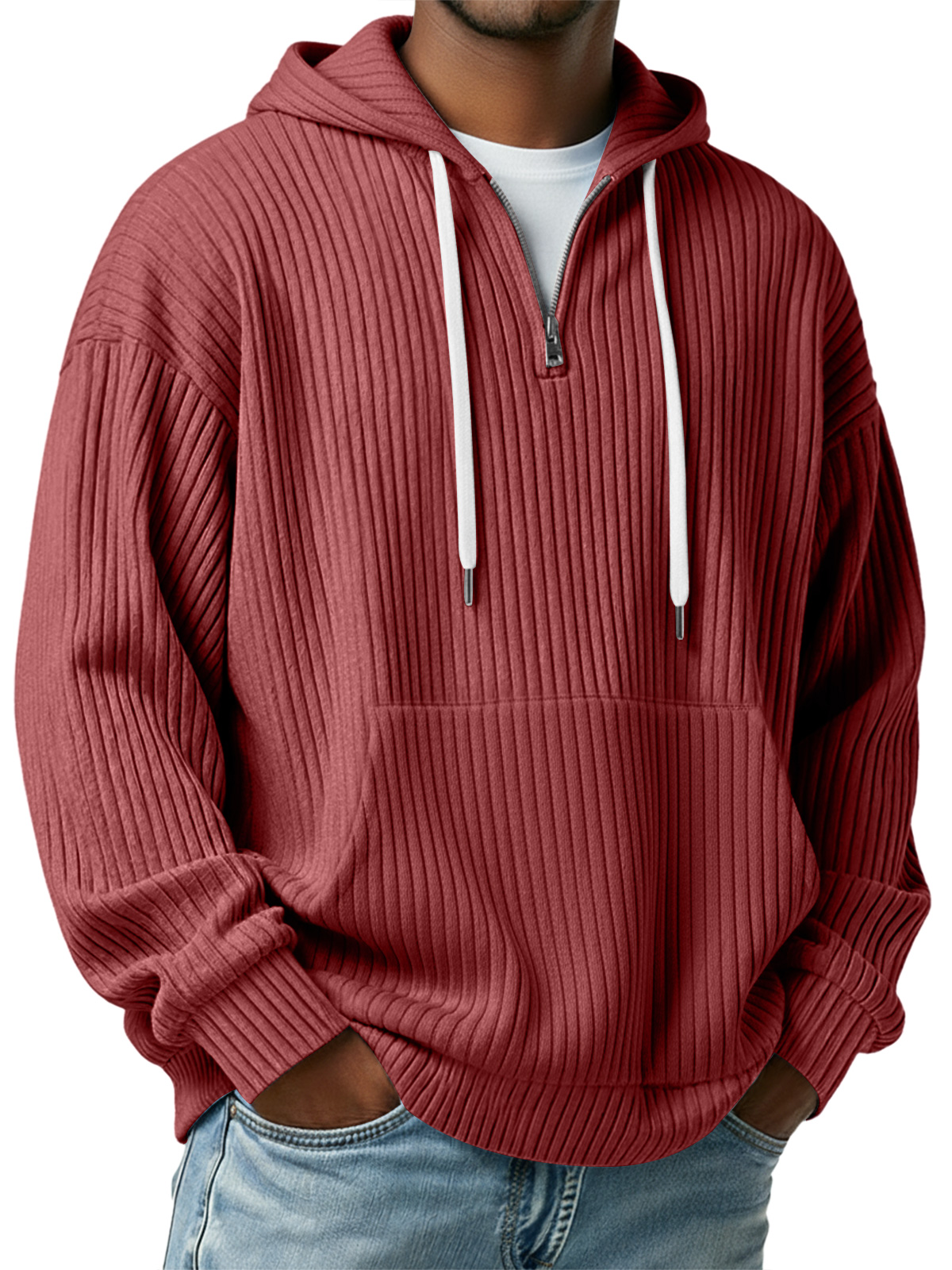 Herren Einfaches Rippstrick Kapuzenzipper Lässiger Lockere Sweatshirt-deurabatt