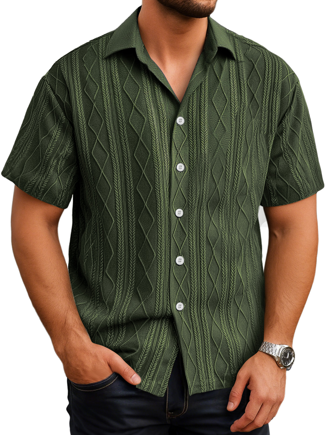 Herren Daily Texture Casual Revers Einfarbig Kurzarmhemd-deurabatt