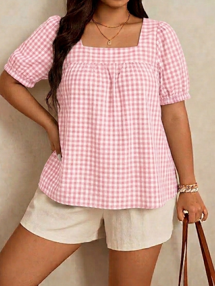 NEW ARRIVALS🔥Women's Casual Checkered Short-Sleeve Square-Neck Shirt