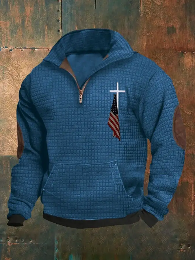 Lässiges Herren-Sweatshirt mit Reißverschluss und Waffel-Glauben-Print-deurabatt