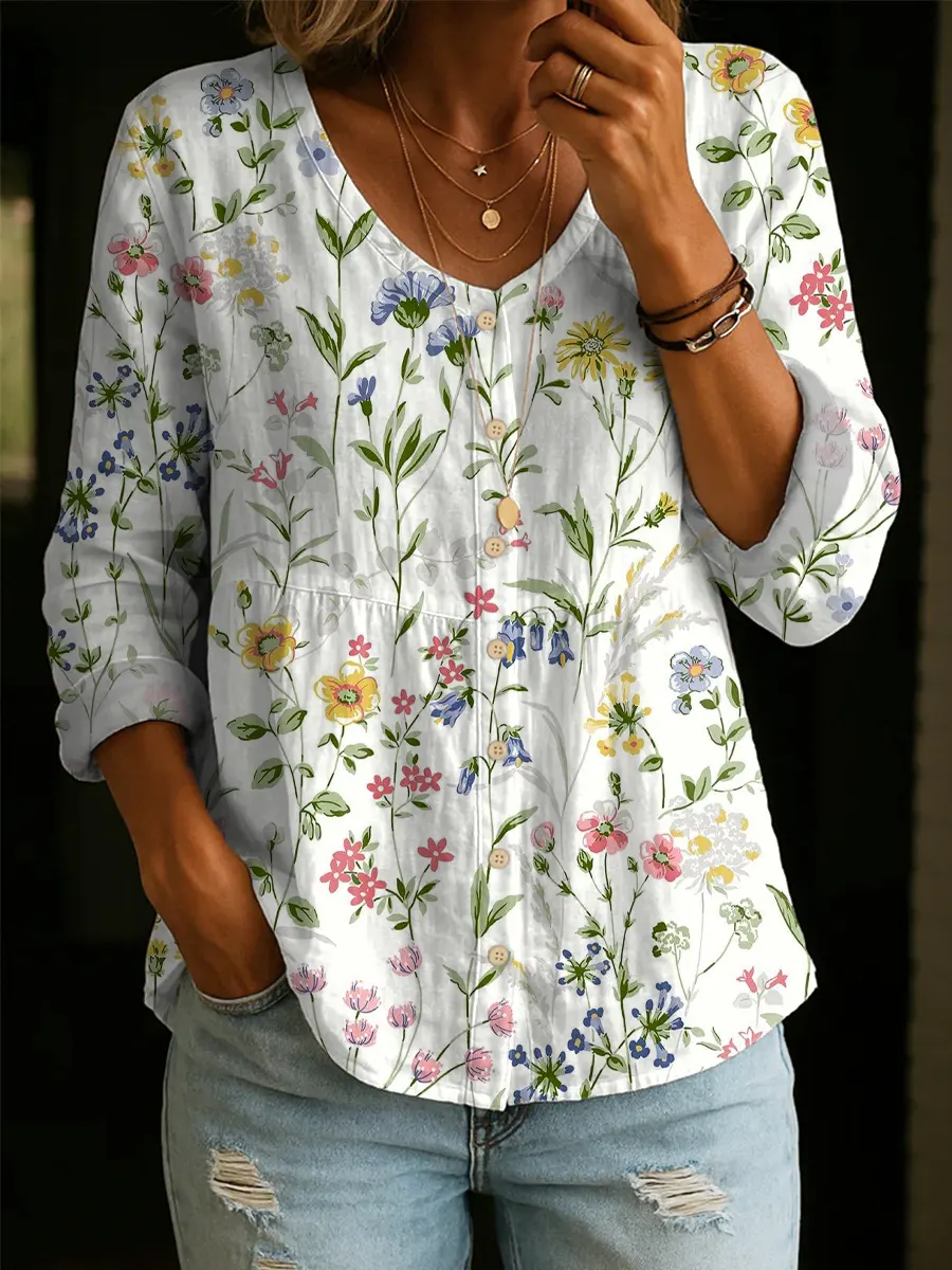 Artistic Floral Print Cotton Blouse - Women's Elegant Casual Soft Cotton Top