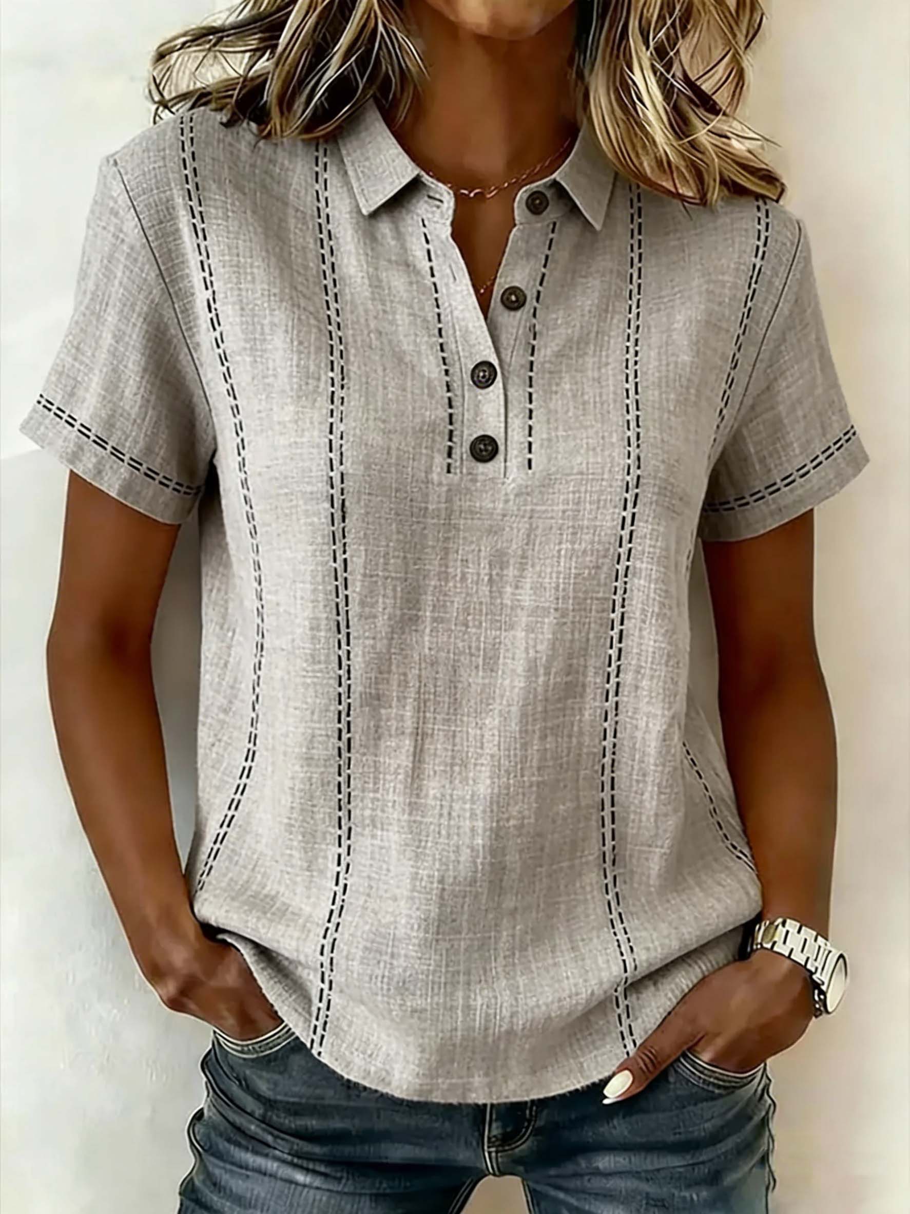 Women's V-neck Short-sleeve Casual Loose Cotton-linen Top