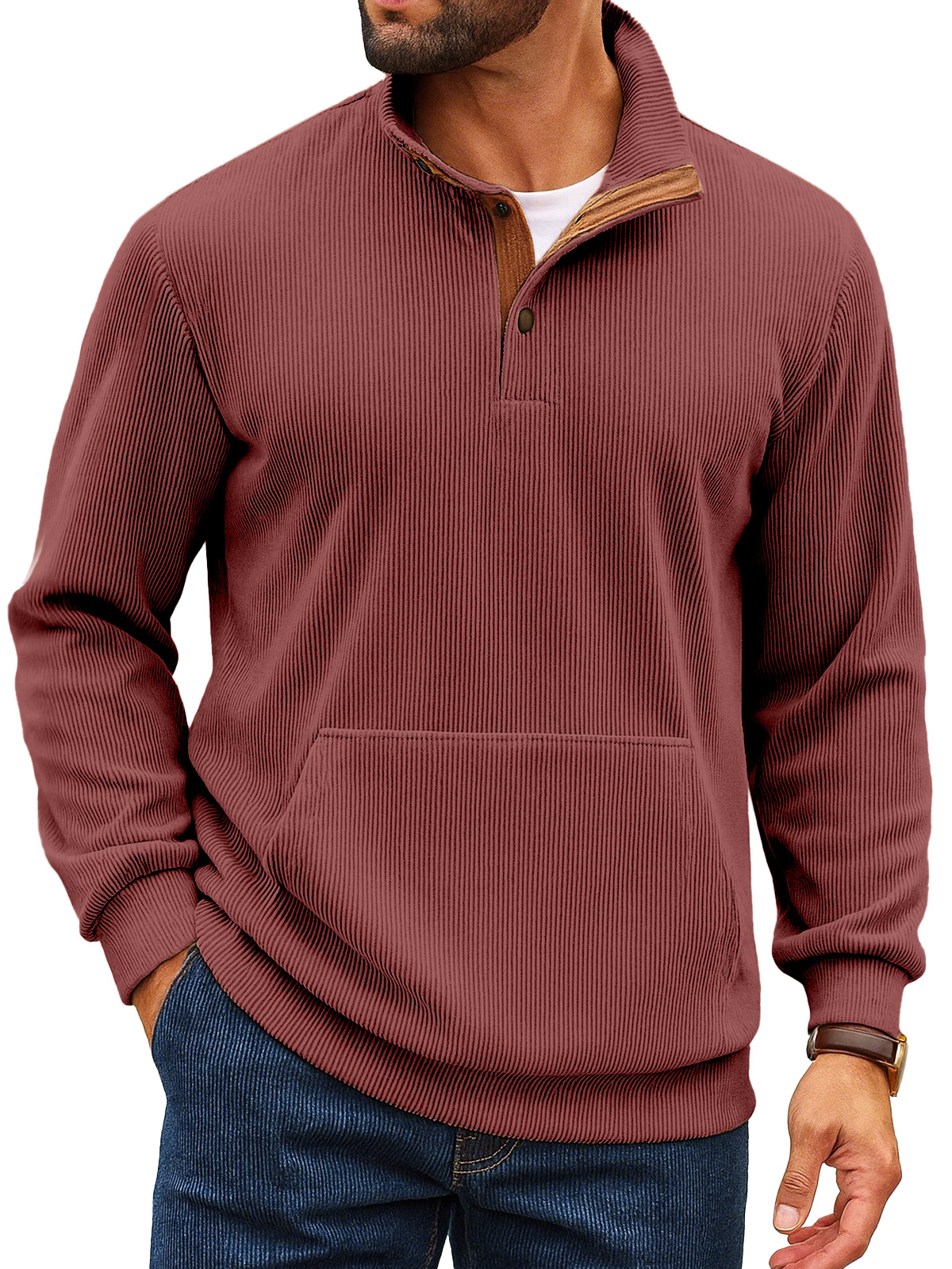 Herren Retro Einfarbiger Vertikaler Pit Streifen Stehkragen Knopf Langarm Sweatshirt-deurabatt