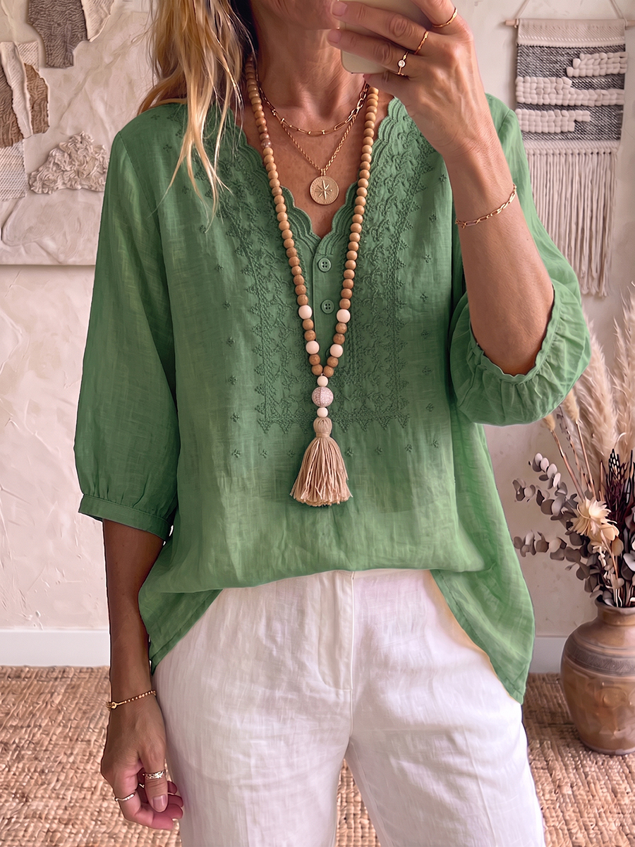 Retro Wavy V-neck Embroidered Cotton-linen Blouse