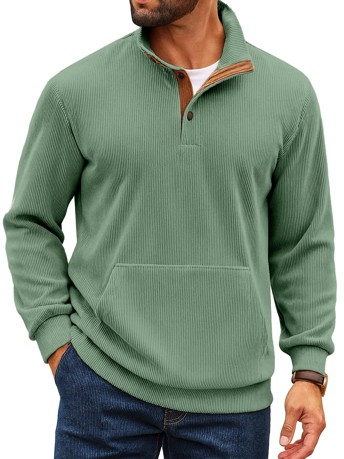 Herren Retro Einfarbiger Vertikaler Pit Streifen Stehkragen Knopf Langarm Sweatshirt-deurabatt