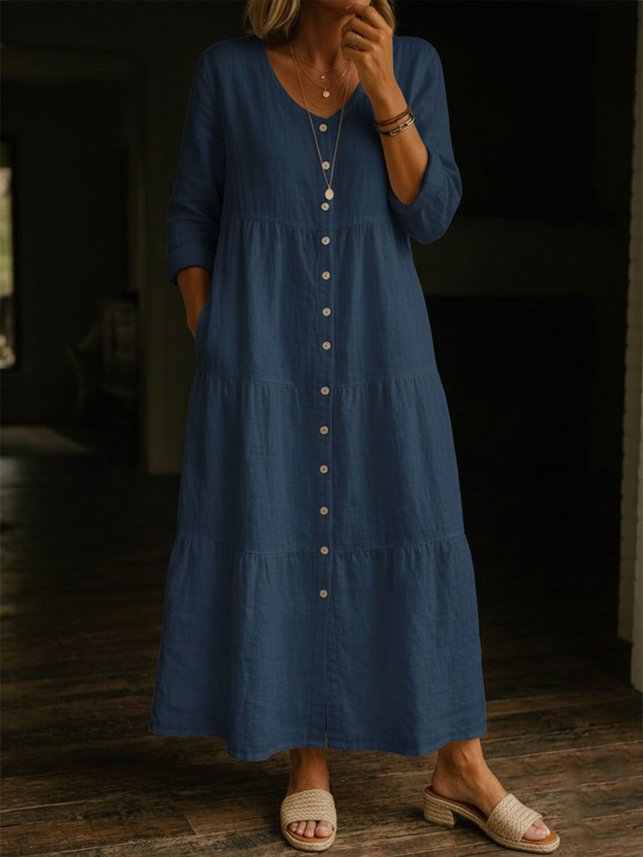 Women's Solid Color Casual V-neck Cotton Linen Long Dress