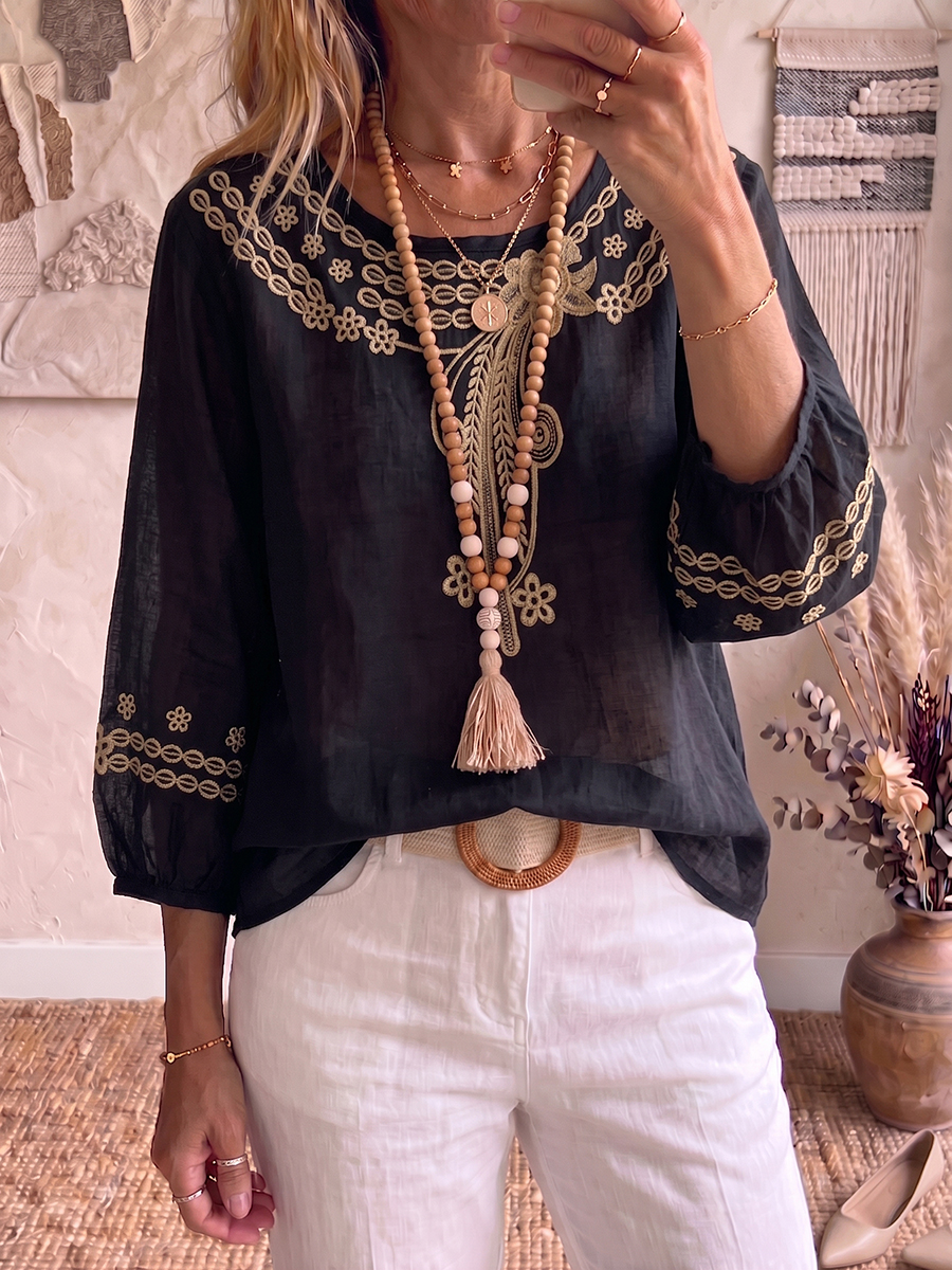 Vintage Embroidered Cotton-linen Blouse